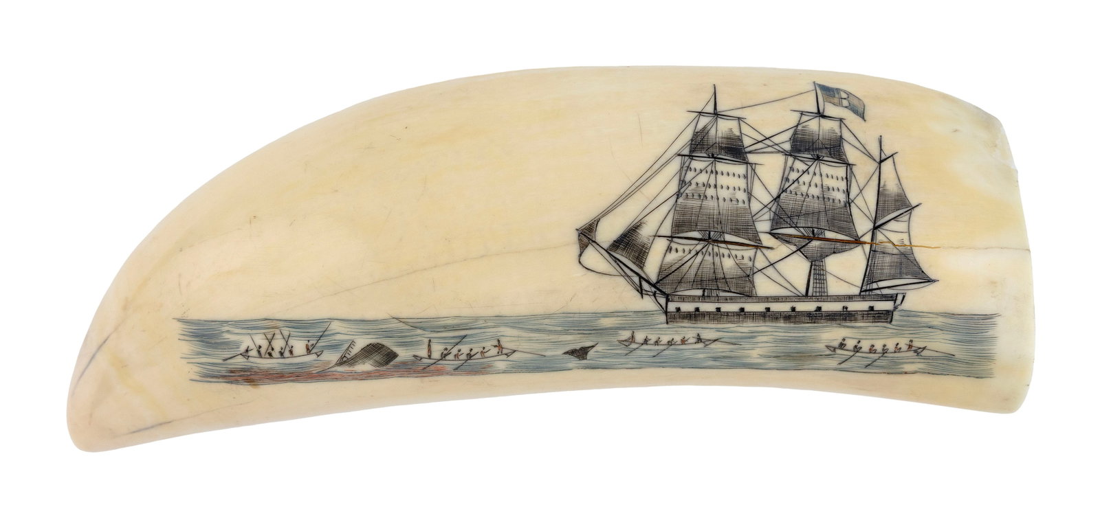POLYCHROME SCRIMSHAW WHALE'S TOOTH ATTRIBUTED TO THE NAVAL ENGAGEMENT ENGRAVER Mid-19th Century (1 of 2)
