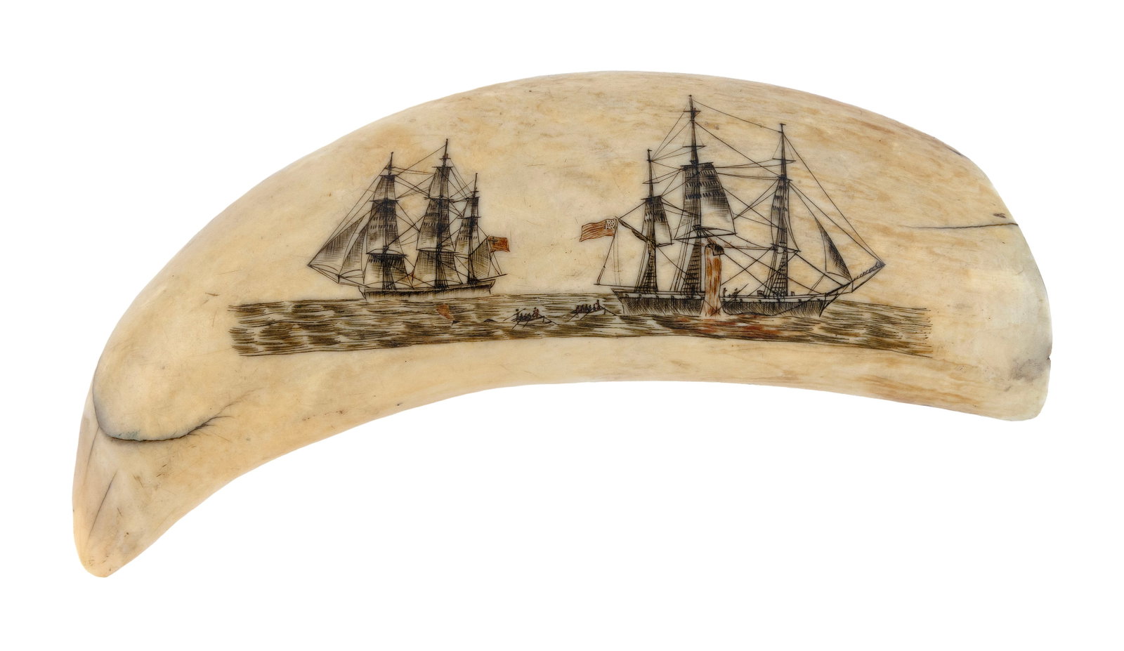 POLYCHROME SCRIMSHAW WHALE'S TOOTH, POSSIBLY ATTRIBUTABLE TO THE NAVAL ENGAGEMENT ENGRAVER Mid-19th: POLYCHROME SCRIMSHAW WHALE'S TOOTH, POSSIBLY ATTRIBUTABLE TO THE NAVAL ENGAGEMENT ENGRAVER Mid-19th Century Obverse depicts a whaling scene of two American whaleships, one cutting in, two whaleboats i