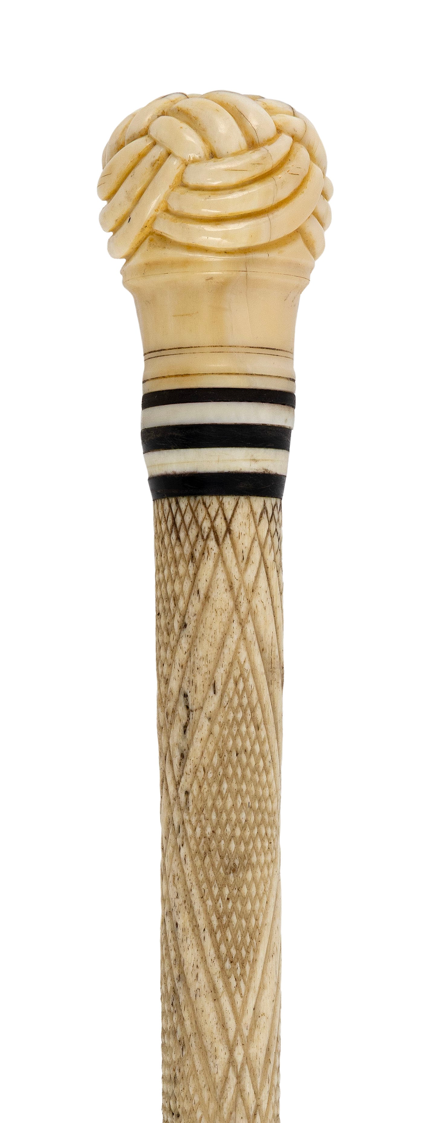 EXCEPTIONAL CARVED WHALE IVORY AND WHALEBONE CANE 19th Century Length 34.75". (1 of 2)