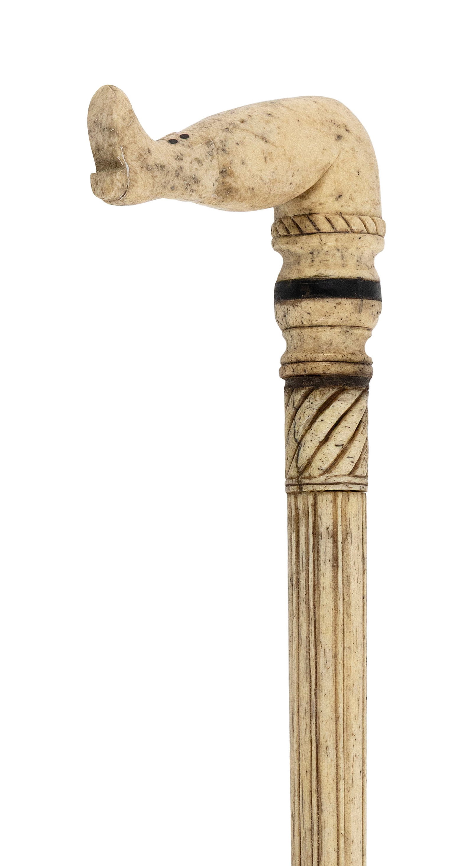 "NAUGHTY NELLIE" CARVED WHALEBONE CANE 19th Century Length 33". (1 of 1)