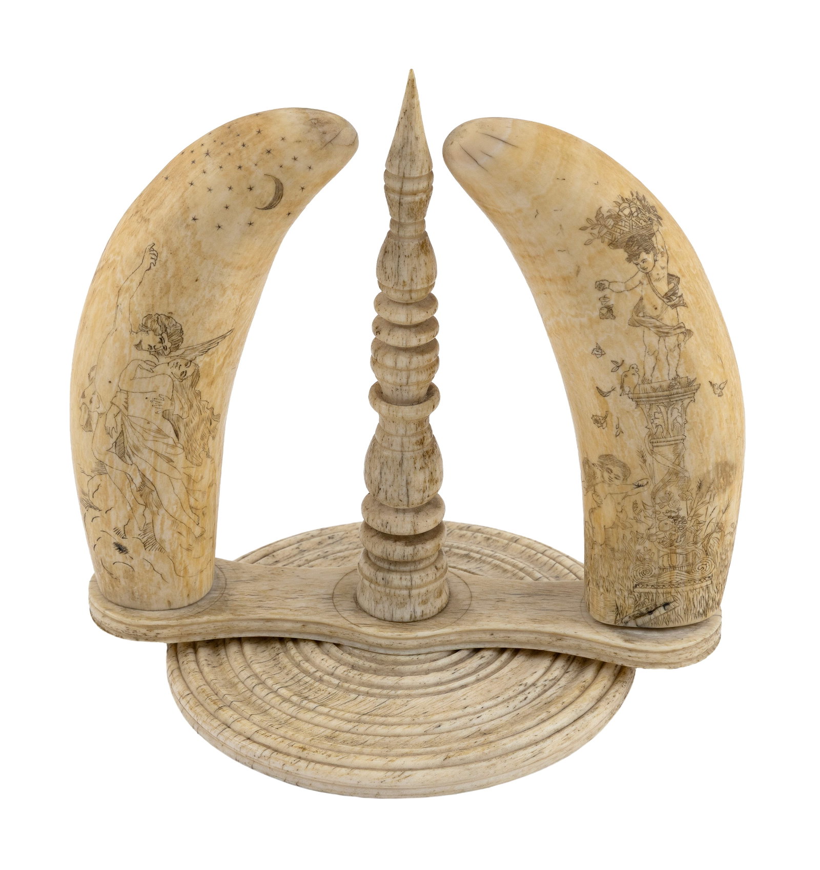 PAIR OF SCRIMSHAW WHALE'S TEETH ON PRESENTATION STAND 19th Century Total height 8". Width 7.75". (1 of 1)