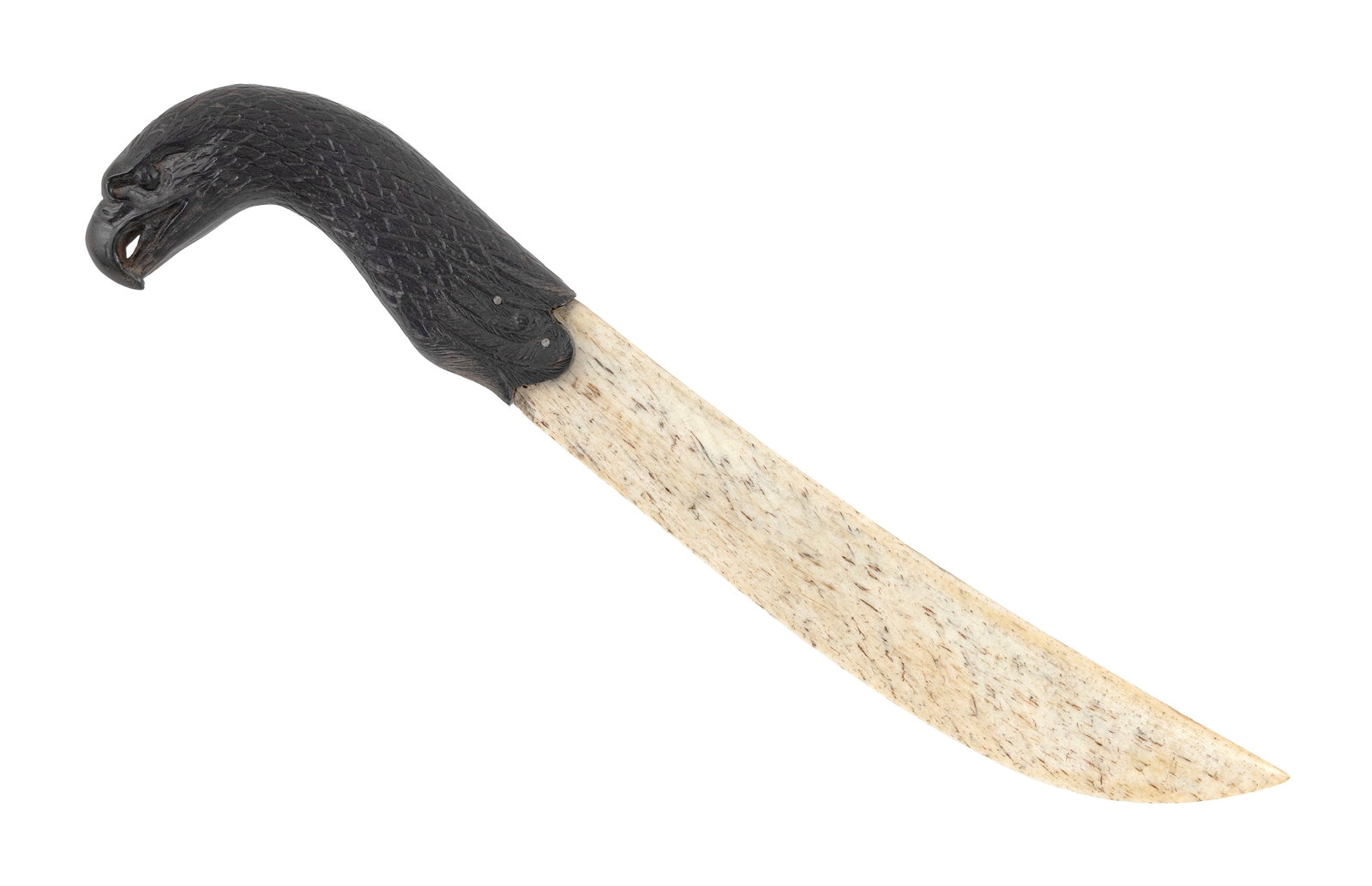FINELY CARVED EBONY AND WHALEBONE SCRIMSHAW LETTER OPENER America, Third Quarter of the 19th Century: FINELY CARVED EBONY AND WHALEBONE SCRIMSHAW LETTER OPENER America, Third Quarter of the 19th Century Ebony handle carved as the head and long neck of an eagle. Gently curved whalebone blade fastens to