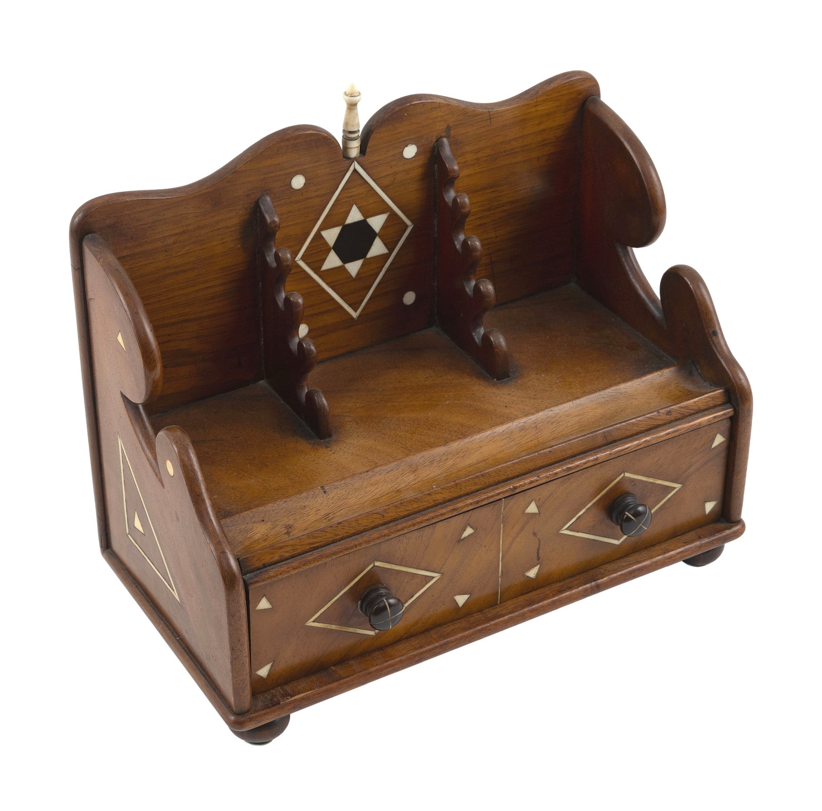 CHERRY DESK BOX WITH WHALEBONE AND IVORY INLAY 19th Century Height 10.5". Width 11.25". Depth 6".: CHERRY DESK BOX WITH WHALEBONE AND IVORY INLAY 19th Century Tall galleried top, the back panel with a turned whalebone finial and inlaid dots surrounding a diamond containing a six-pointed star with a