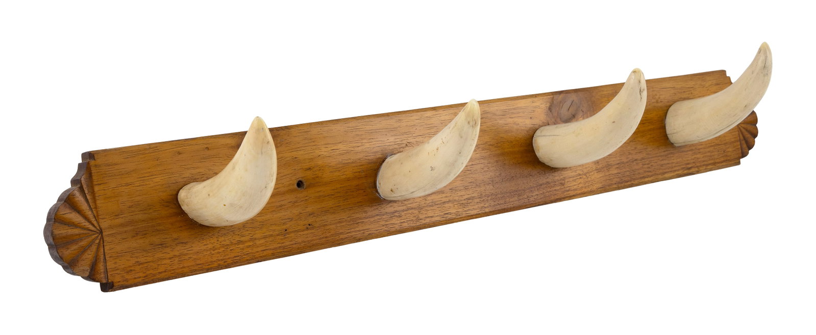 WHALE'S TOOTH AND MAHOGANY COAT RACK Late 19th Century Teeth lengths appox. 5". Backboard length (1 of 1)