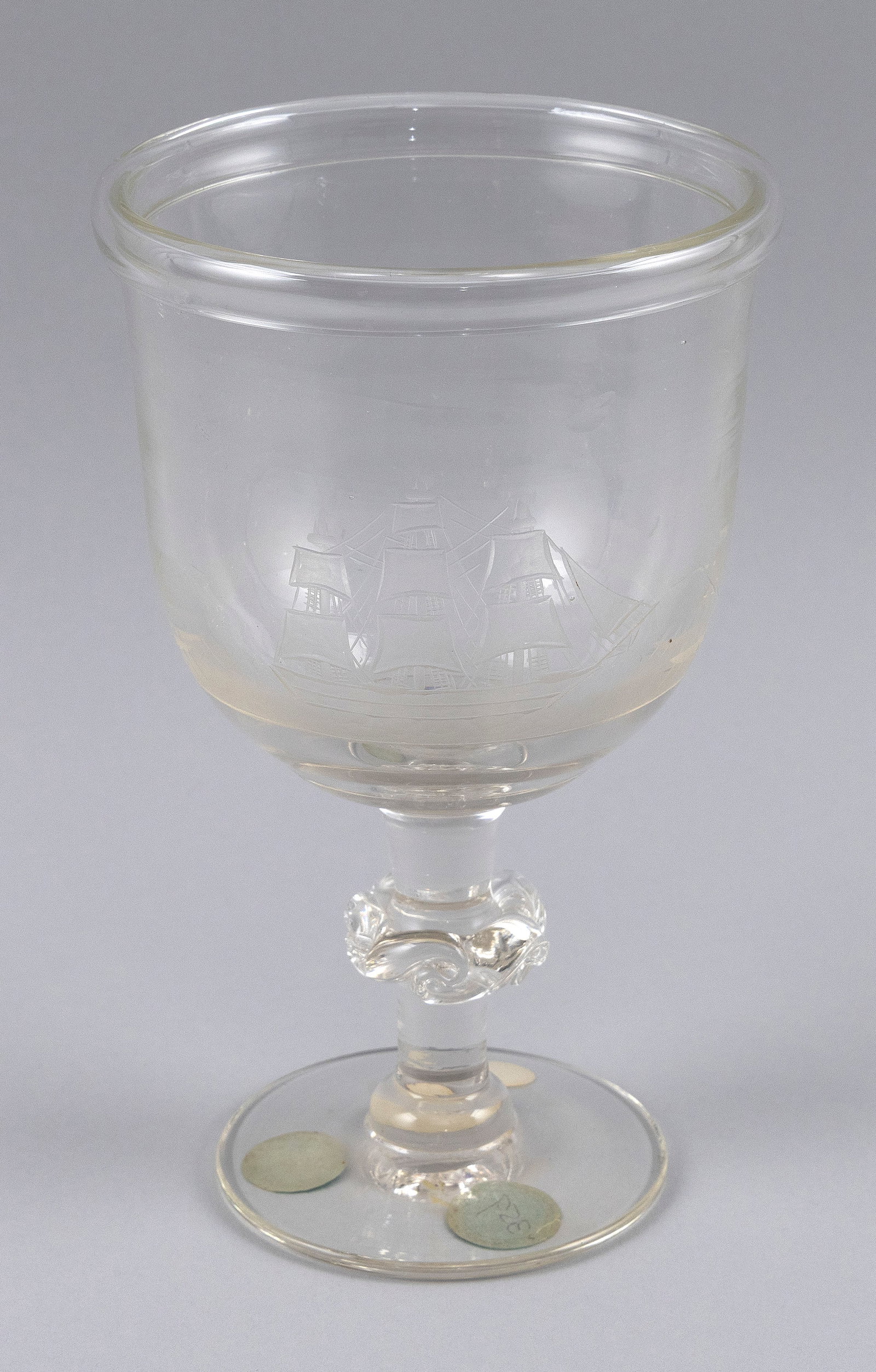 RARE LEAD CRYSTAL CHALICE WITH ETCHED WHALING SCENE England, 19th Century Height 8". (1 of 1)