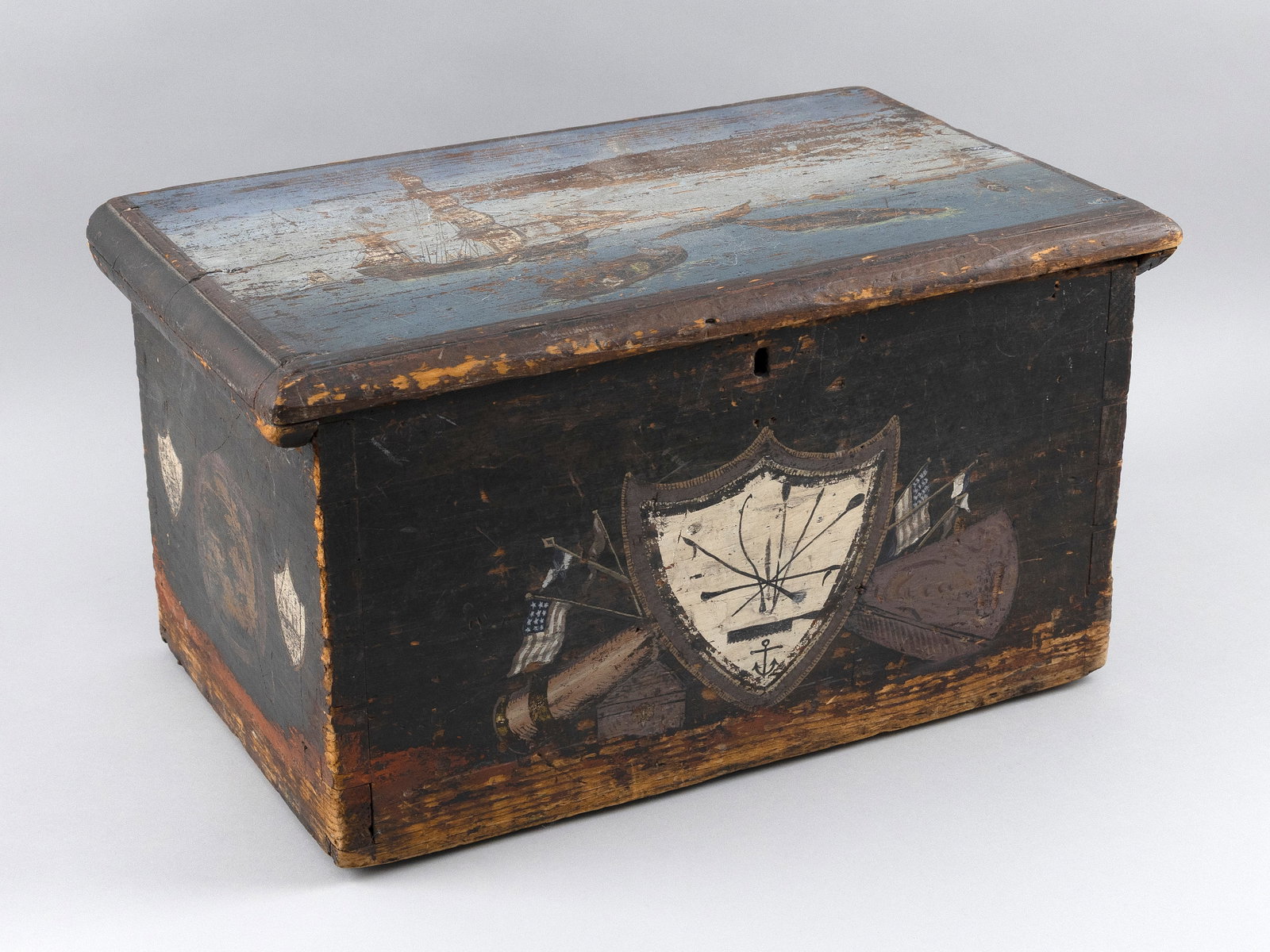 PAINT-DECORATED SHIP'S DOCUMENT BOX Early 19th Century Height 10". Width 18.5". Depth 11.25". (1 of 5)