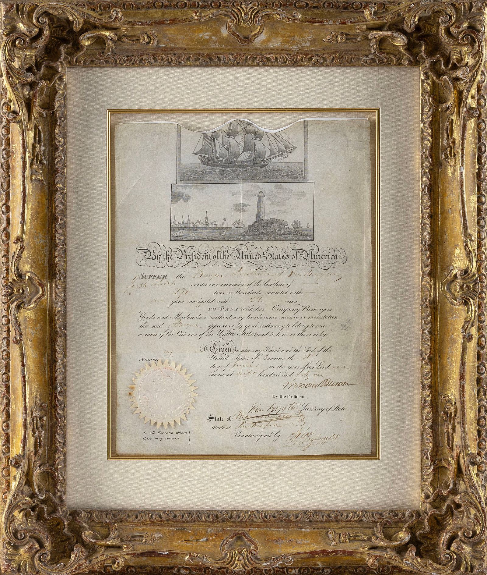 RARE WHALESHIP'S PASSPORT Dated 1841 15" x 11". Framed 26" x 21.5". (1 of 2)
