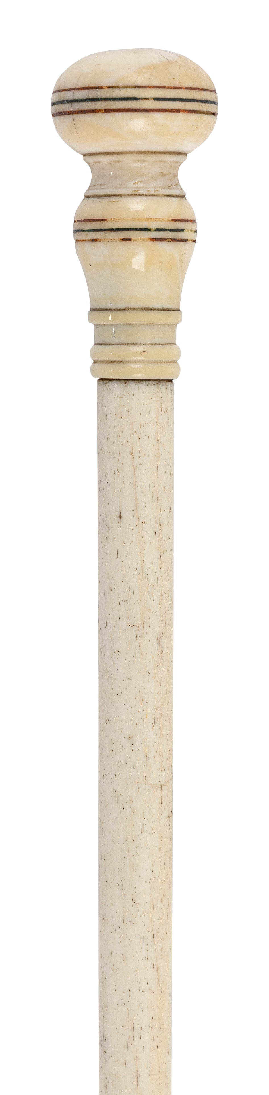 WHALE IVORY AND WHALEBONE POINTER 19th Century Length 32.75".: WHALE IVORY AND WHALEBONE POINTER 19th Century Turned whale ivory flattened ball handle with incised red and blue banding. Whalebone shaft. Length 32.75".