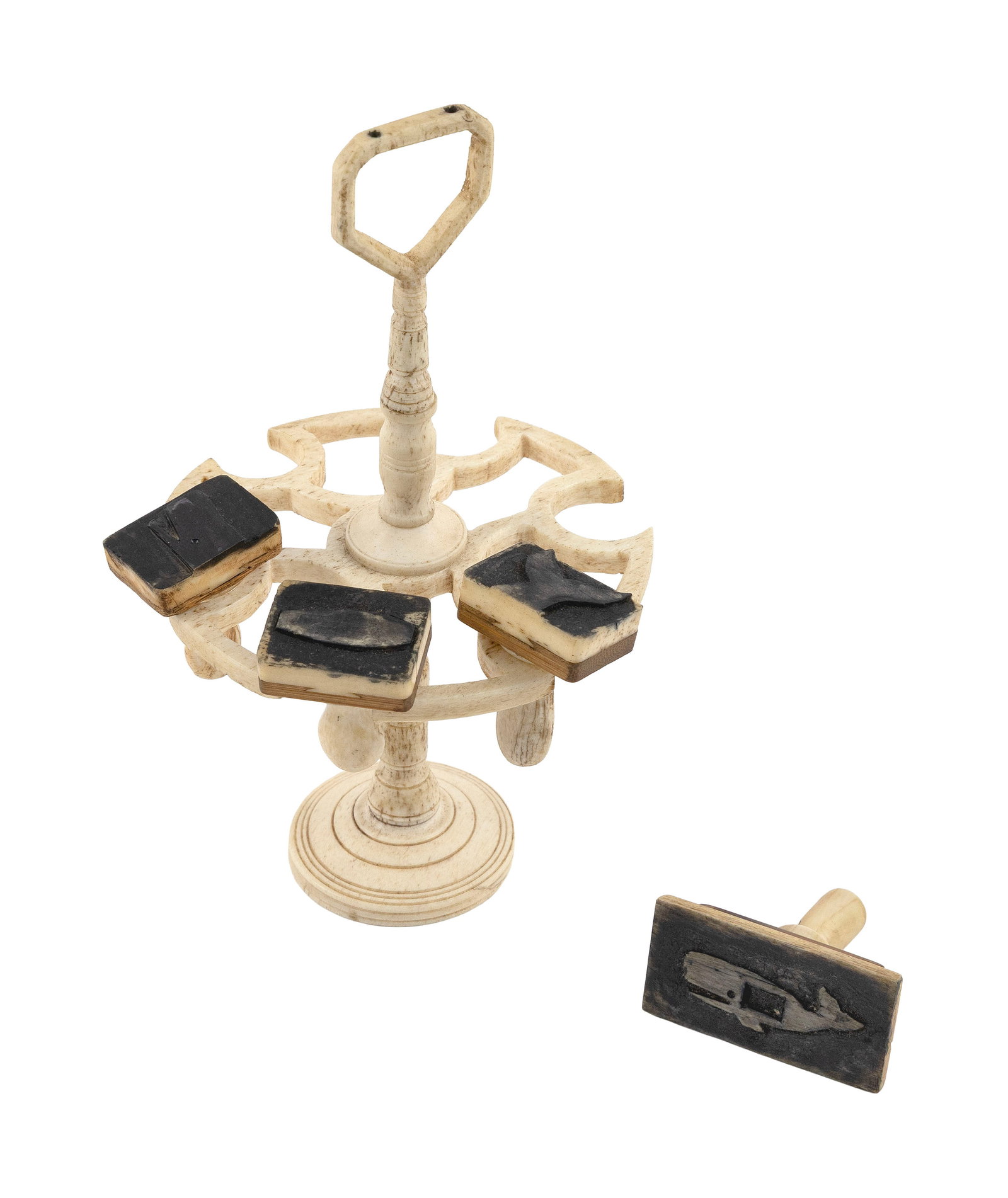 CARVED WHALEBONE WHALE STAMP STAND Height 7". Diameter 4". (1 of 1)