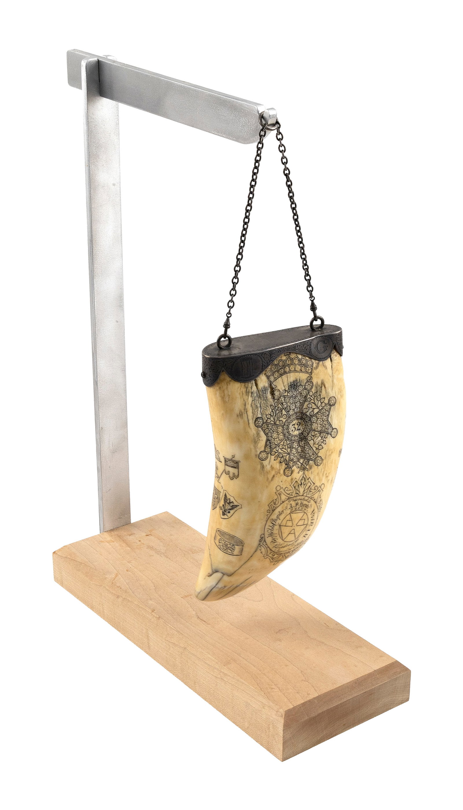 "THE MASONIC TOOTH" SCRIMSHAW WHALE'S TOOTH Circa 1885 Length 7.25". On a contemporary stand. (1 of 1)