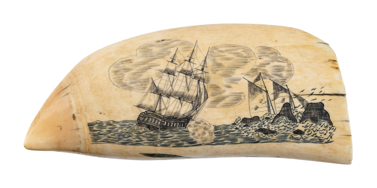 POLYCHROME SCRIMSHAW WHALE'S TOOTH ATTRIBUTED TO THE NAVAL ENGAGEMENT ENGRAVER Mid-19th Century (1 of 3)