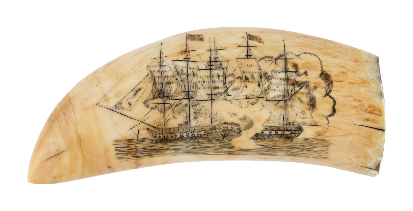 POLYCHROME SCRIMSHAW WHALE'S TOOTH ATTRIBUTED TO THE NAVAL ENGAGEMENT ENGRAVER First Half of the (1 of 2)