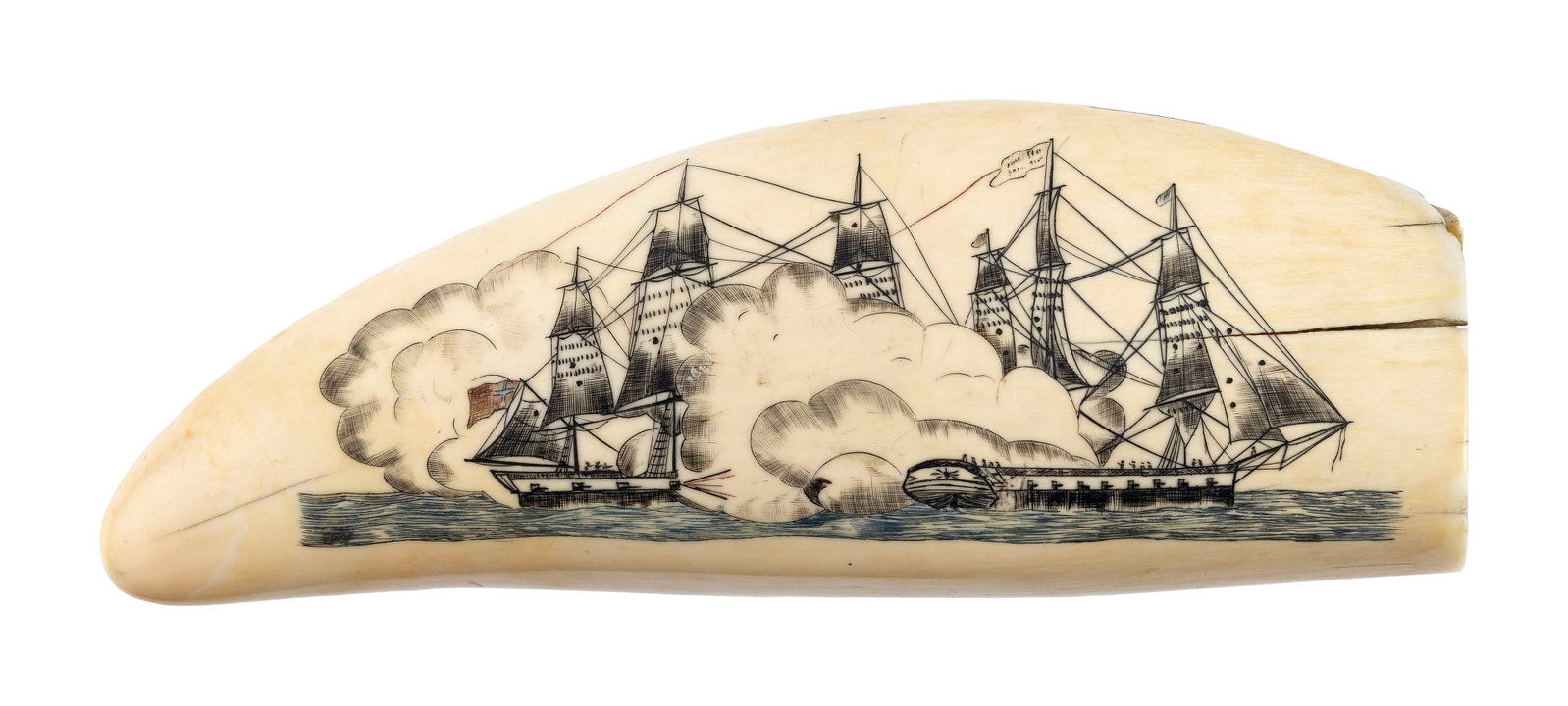 POLYCHROME SCRIMSHAW WHALE'S TOOTH ATTRIBUTED TO THE NAVAL ENGAGEMENT ENGRAVER Mid-19th Century: POLYCHROME SCRIMSHAW WHALE'S TOOTH ATTRIBUTED TO THE NAVAL ENGAGEMENT ENGRAVER Mid-19th Century Obverse depicts a naval battle, one vessel flying a long red streamer and a red and blue flag, probably 