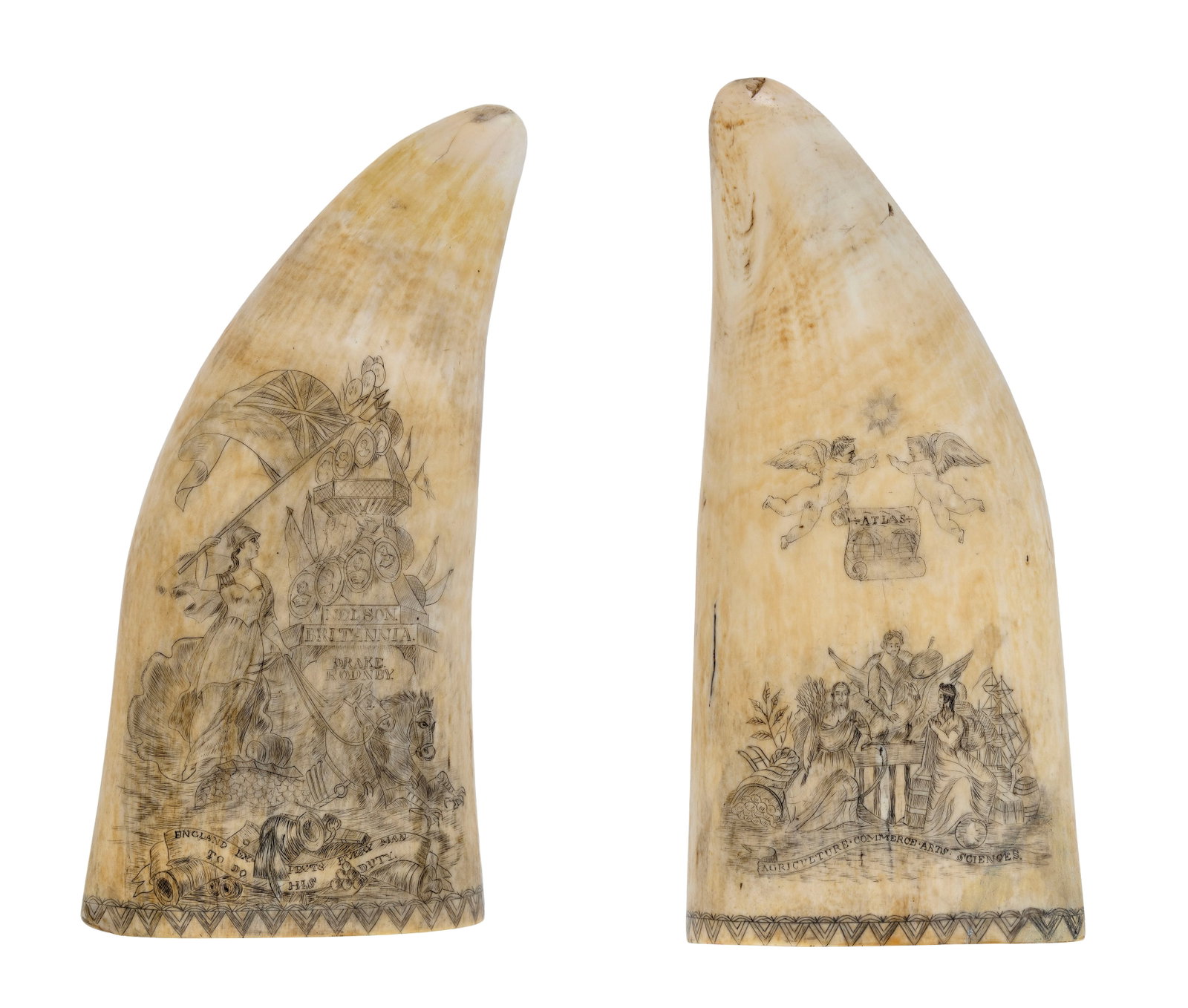PAIR OF SCRIMSHAW WHALE'S TEETH ATTRIBUTED TO THE NAVAL MONUMENT ENGRAVER Mid-19th Century Lengths: PAIR OF SCRIMSHAW WHALE'S TEETH ATTRIBUTED TO THE NAVAL MONUMENT ENGRAVER Mid-19th Century Obverses depict an eagle flying over a three-masted ship, one eagle with a "Concord & Amity" banner and the o
