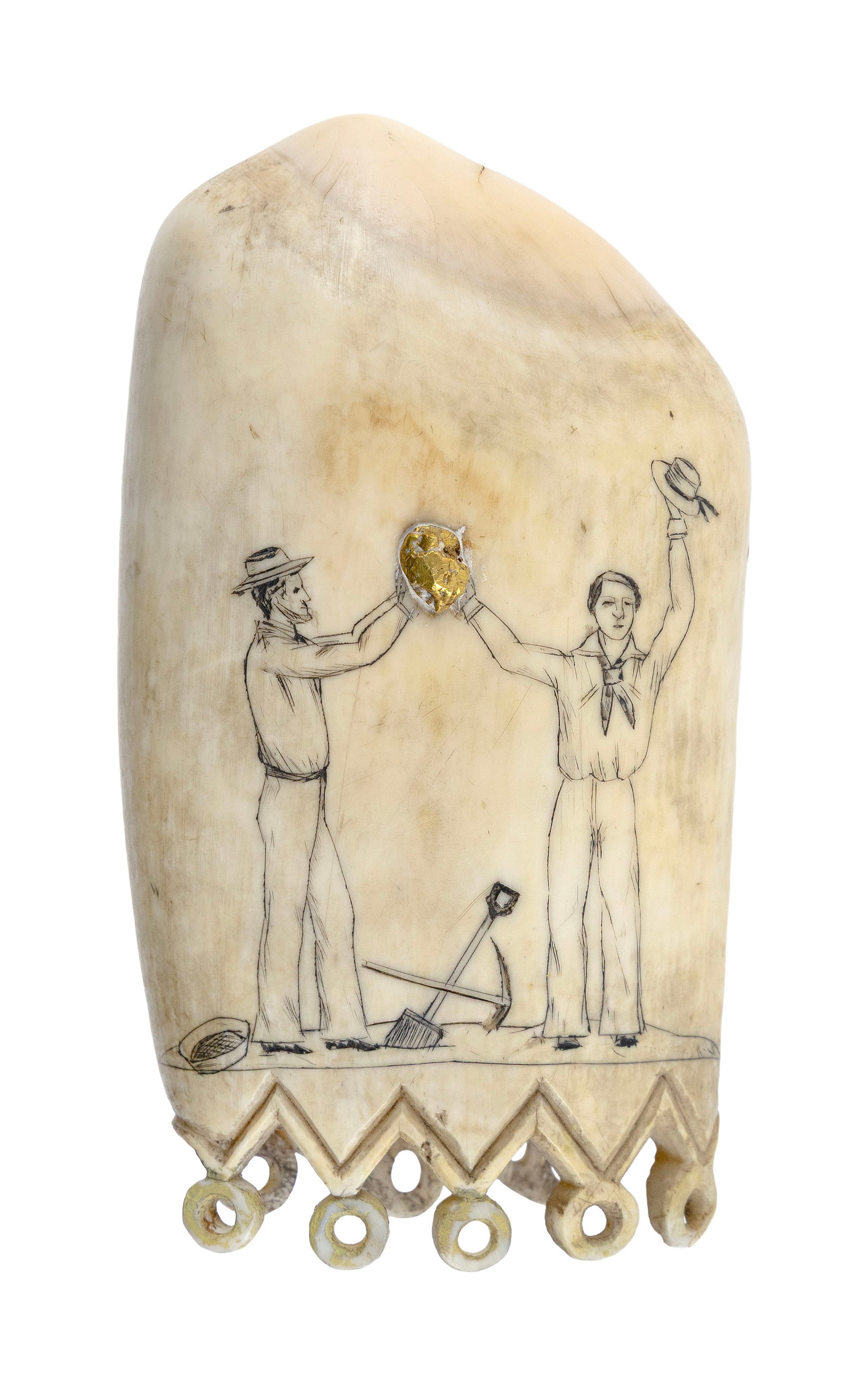 GOLD RUSH-ERA SCRIMSHAW WHALE'S TOOTH WITH EMBEDDED GOLD NUGGET Mid-19th Century Length 4.5".: GOLD RUSH-ERA SCRIMSHAW WHALE'S TOOTH WITH EMBEDDED GOLD NUGGET Mid-19th Century Obverse depicts two men holding up a gold nugget. Figure on the left is dressed in miner's garb, including a wide-brimm