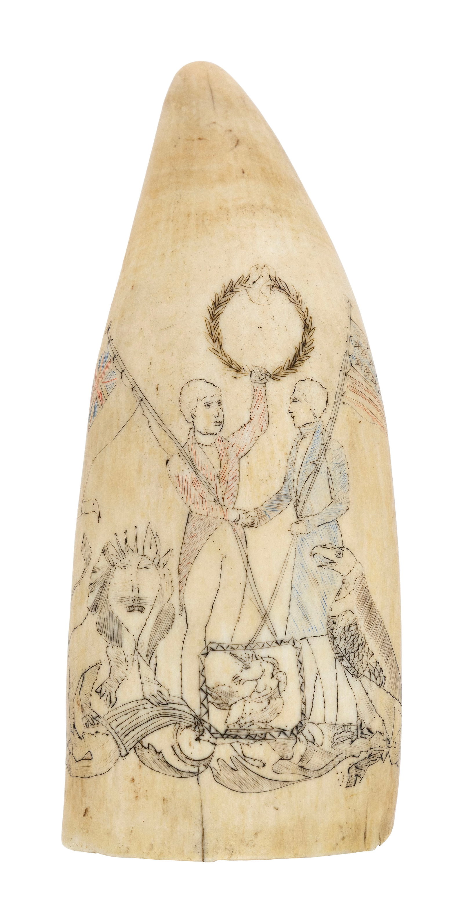 POLYCHROME SCRIMSHAW WHALE'S TOOTH DEPICTING ENGLISH-AMERICAN AMITY First Half of the 19th Century: POLYCHROME SCRIMSHAW WHALE'S TOOTH DEPICTING ENGLISH-AMERICAN AMITY First Half of the 19th Century Obverse depicts a British and an American man, both holding their nation's flag, shaking hands. The B