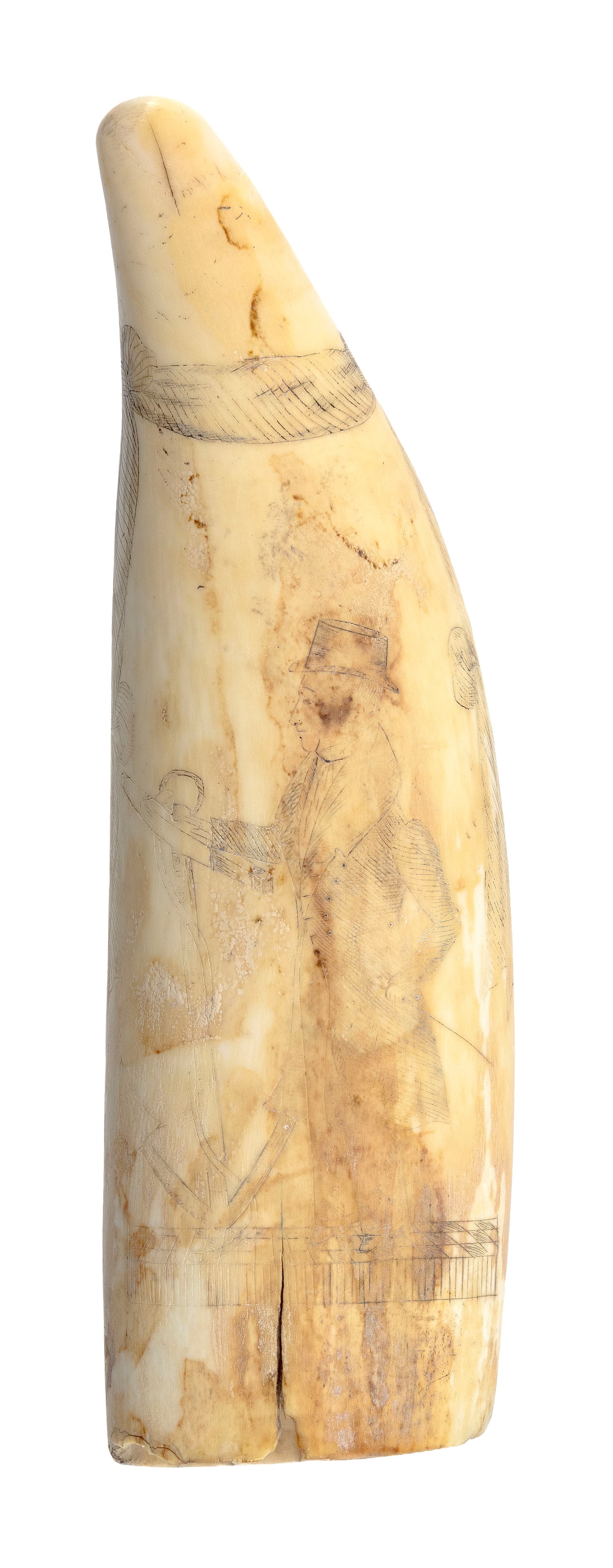 SCRIMSHAW WHALE'S TOOTH ATTRIBUTED TO THE ALBRO BROTHERS America, Circa 1840 Length 6.25".: SCRIMSHAW WHALE'S TOOTH ATTRIBUTED TO THE ALBRO BROTHERS America, Circa 1840 Obverse depicts a well-dressed man, probably a captain or sailor, standing beside a fouled anchor. Geometric pattern below 