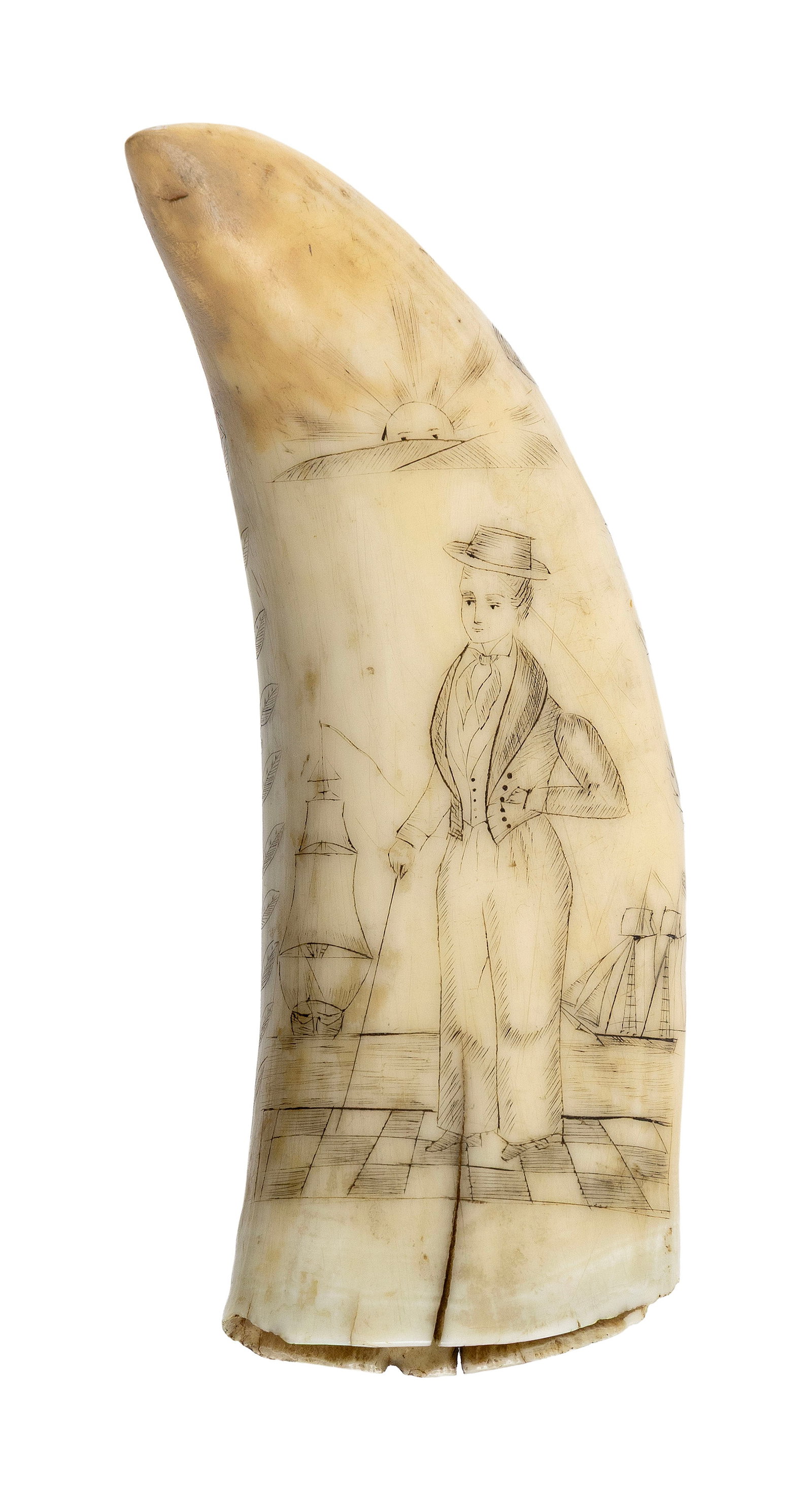 SCRIMSHAW WHALE'S TOOTH ATTRIBUTED TO THE ALBRO BROTHERS Circa 1840 Length 4.5".: SCRIMSHAW WHALE'S TOOTH ATTRIBUTED TO THE ALBRO BROTHERS Circa 1840 Obverse depicts a well-dressed young gentleman holding a walking stick and standing on a checkerboard ground overlooking two ships, 