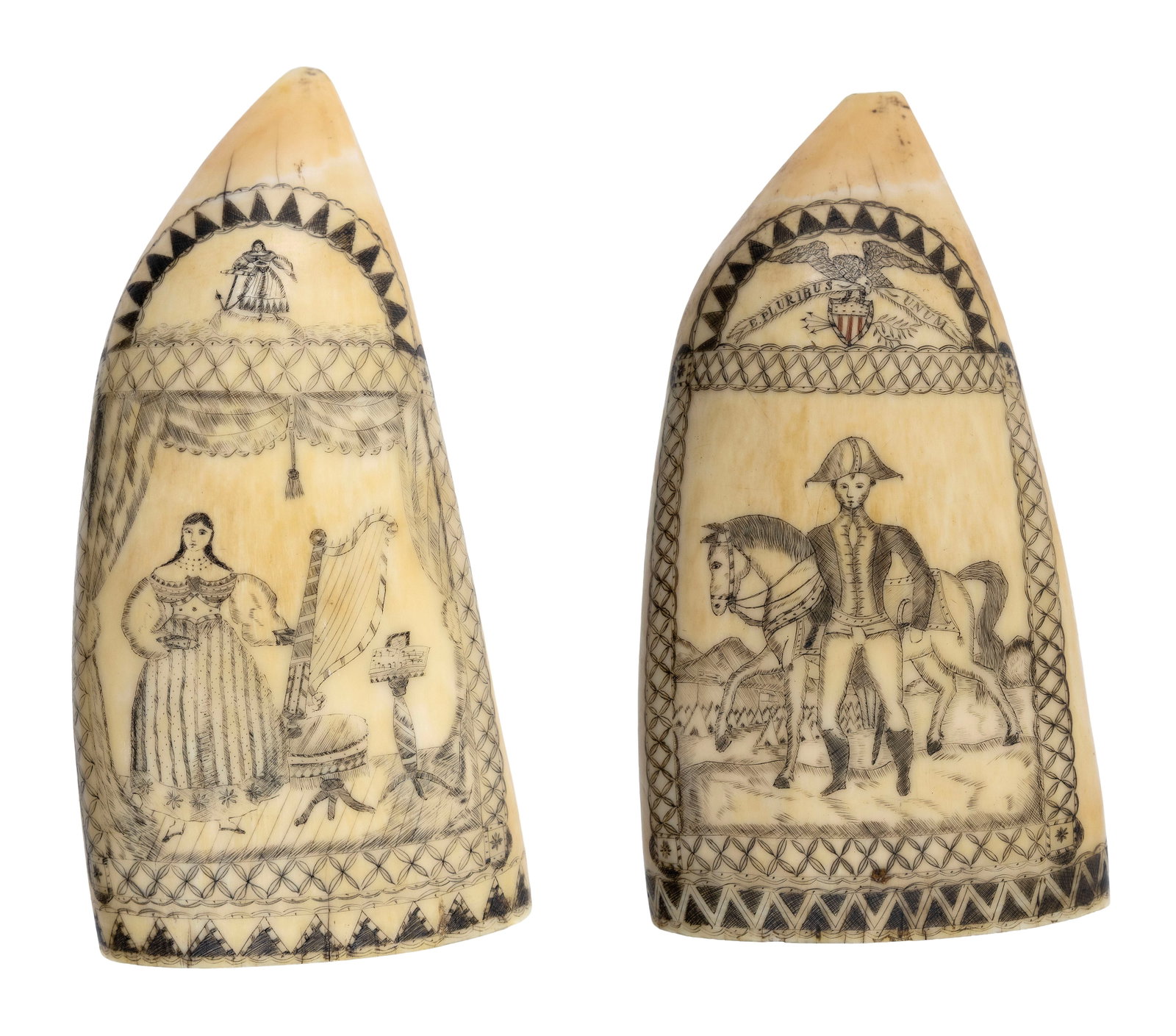 PAIR OF SCRIMSHAW WHALE'S TEETH ATTRIBUTED TO "CERES" ARTISAN WILLIAM A. GILPIN 19th Century Lengths: PAIR OF SCRIMSHAW WHALE'S TEETH ATTRIBUTED TO "CERES" ARTISAN WILLIAM A. GILPIN 19th Century Formatted in the traditional manner of the Ceres artisans, with figural scenes framed within a geometric bo