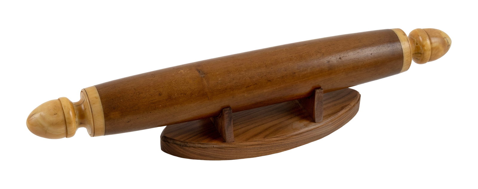 ROLLING PIN WITH WHALE IVORY HANDLES Mid-19th Century Length 17.5". With wood stand. (1 of 1)