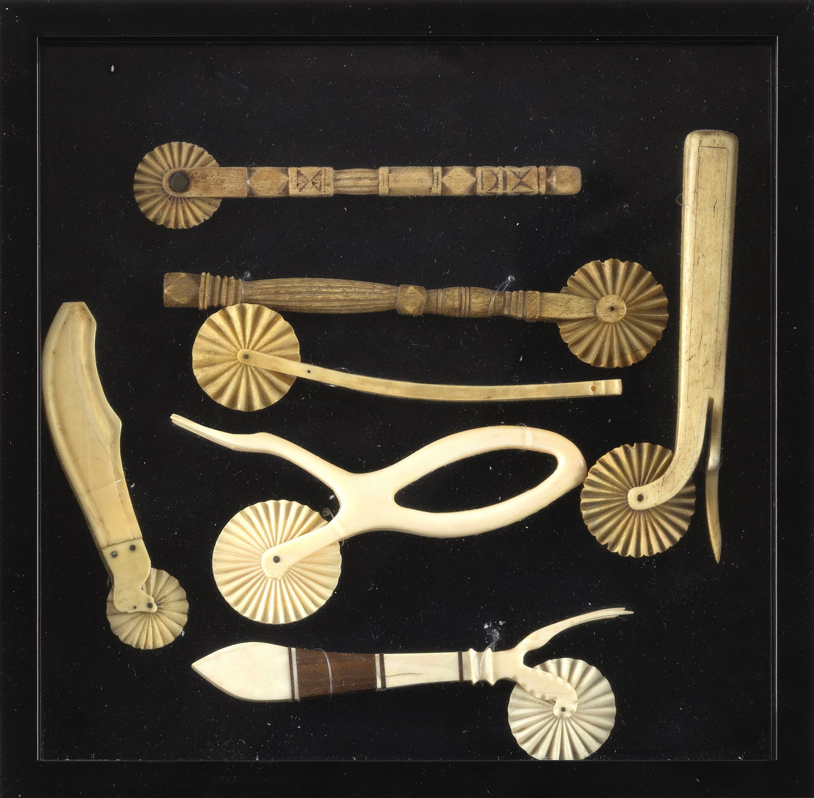 COLLECTION OF SEVEN WHALEBONE AND WHALE IVORY PIE CRIMPERS 19th Century Framed 12.75" x 12.75". (1 of 1)