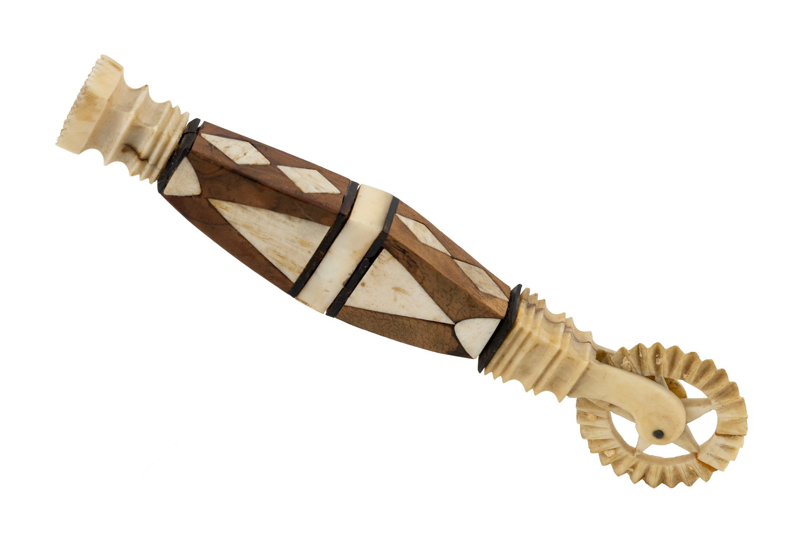 GOOSE HEAD PIE CRIMPER 19th Century Length 7.5".: GOOSE HEAD PIE CRIMPER 19th Century Wood shaft with baleen spacers and inlaid whale ivory triangles, diamonds and rectangles. Wheel yoke in the form of a goose's head with an inlaid eye. Fluted wheel 