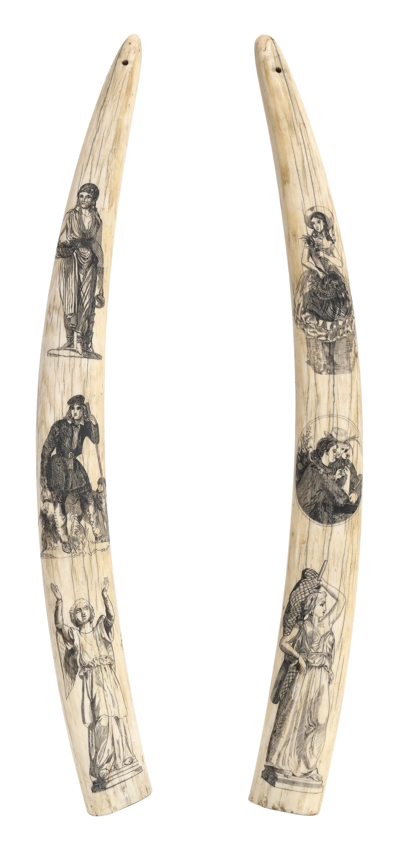 PAIR OF SCRIMSHAW WALRUS TUSKS WITH FIGURAL PORTRAITS 19th Century Lengths approx. 20.25". (1 of 3)