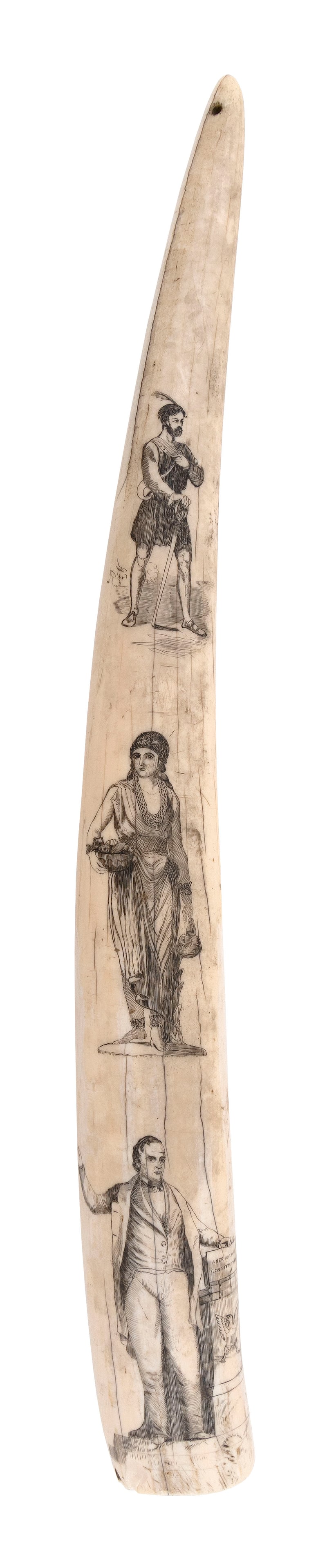 SCRIMSHAW WALRUS TUSK WITH FIGURAL PORTRAITS 19th Century Length 21". (1 of 2)
