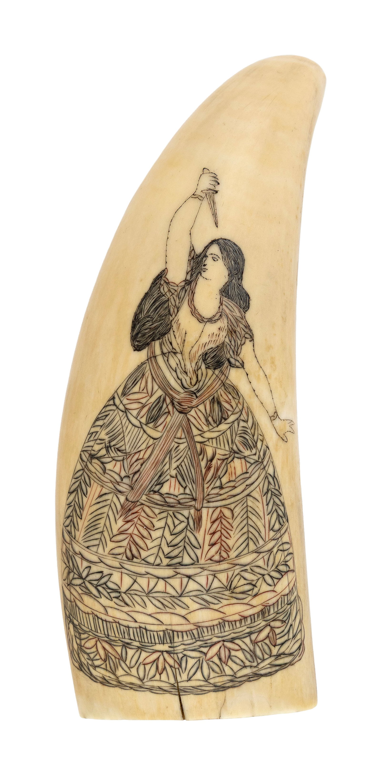 POLYCHROME SCRIMSHAW WHALE'S TOOTH WITH FIGURAL PORTRAITS 19th Century Length 5.5". (1 of 2)