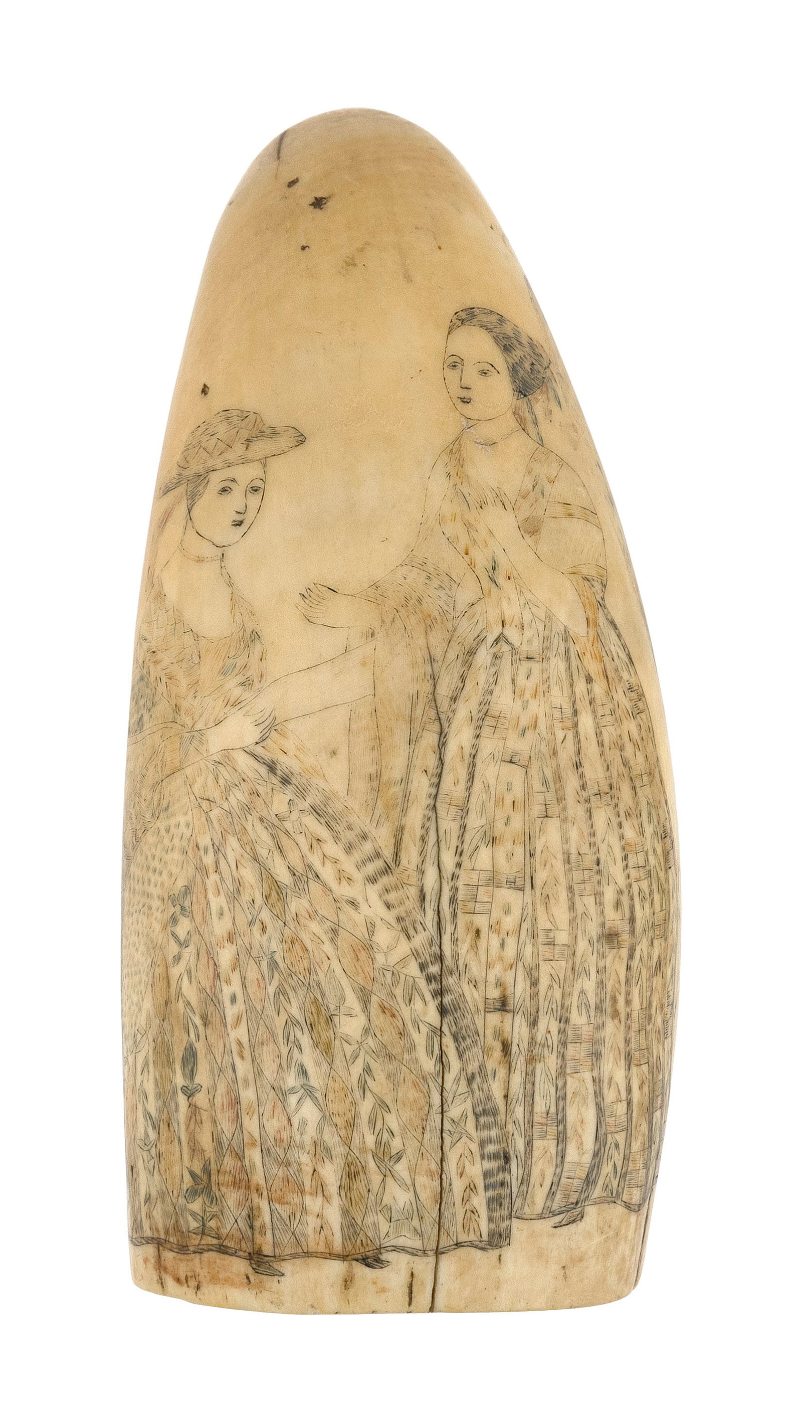 POLYCHROME SCRIMSHAW WHALE'S TOOTH WITH FIGURAL SCENES Mid-19th Century Length 4.75". (1 of 4)