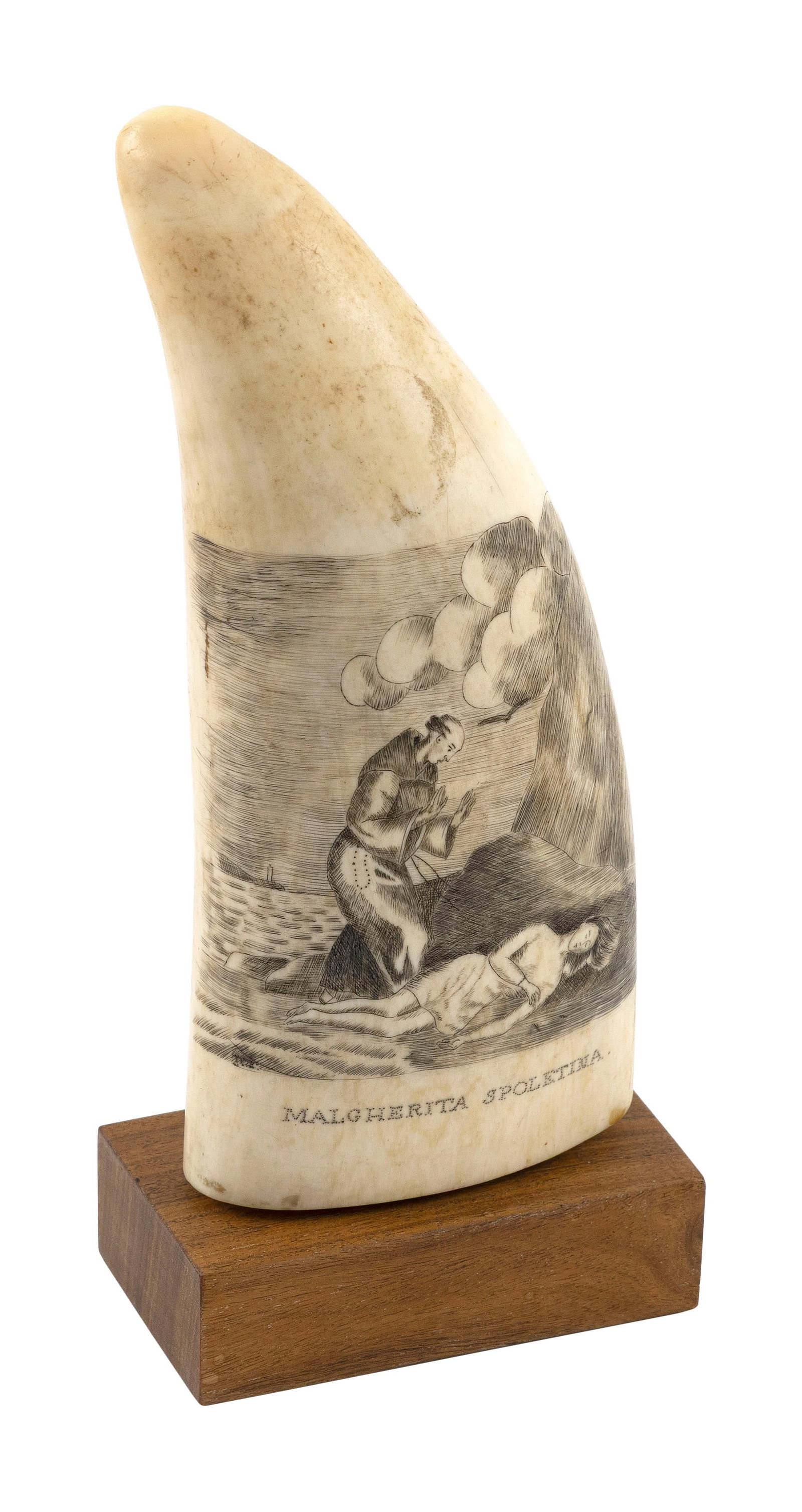 SCRIMSHAW WHALE'S TOOTH "MALGHERITA SPOLETINA" 19th Century Length 6". Height on stand 7".: SCRIMSHAW WHALE'S TOOTH "MALGHERITA SPOLETINA" 19th Century Finely detailed scene from the early Italian love story of Malgherita Spoletina, who fell in love with Theodore, a religious recluse who liv