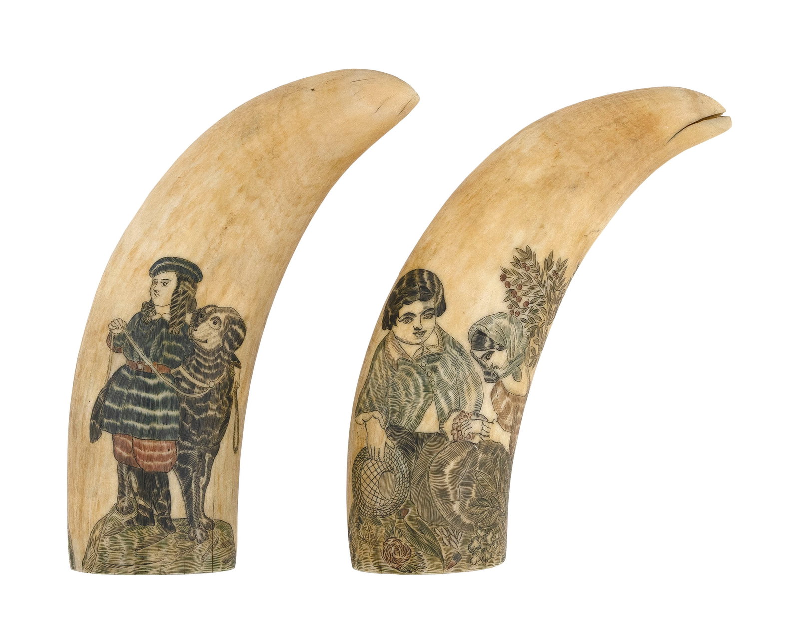 PAIR OF POLYCHROME SCRIMSHAW WHALE'S TEETH WITH FIGURAL SCENES 19th Century Lengths approx. 5.5". (1 of 2)