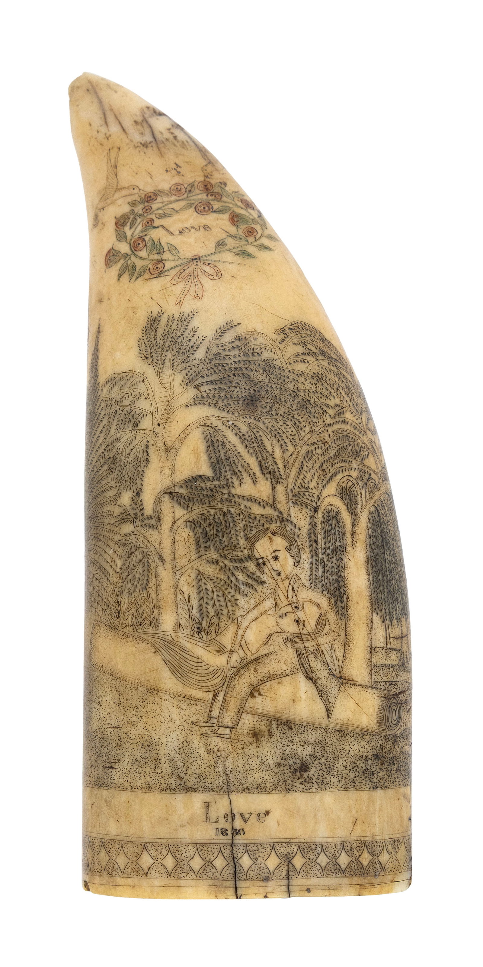 POLYCHROME SCRIMSHAW WHALE'S TOOTH SIGNED BY LEMUEL F. RICH Mid-19th Century Length 5.5". (1 of 3)