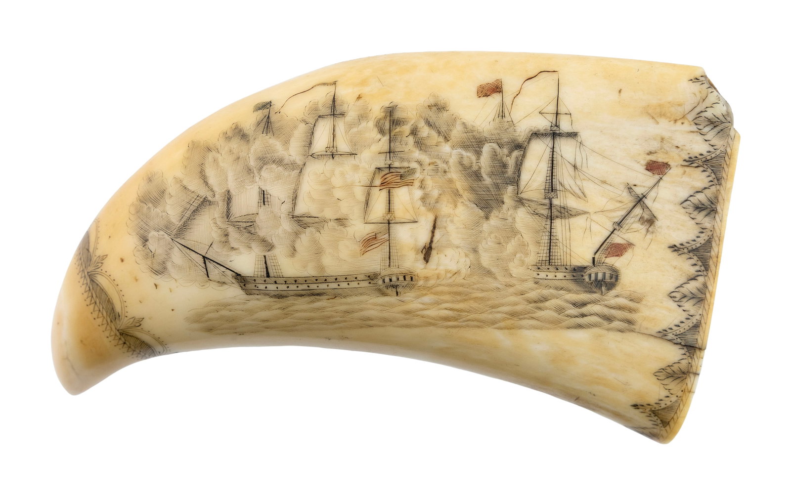 POLYCHROME SCRIMSHAW WHALE'S TOOTH ATTRIBUTED TO THE BANKNOTE ENGRAVER 19th Century Length 5.5". (1 of 2)