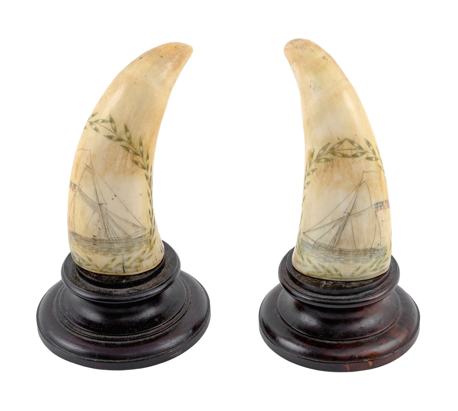 PAIR OF POLYCHROME SCRIMSHAW WHALE'S TEETH DEPICTING SAILING VESSELS Mid-19th Century Lengths (1 of 2)
