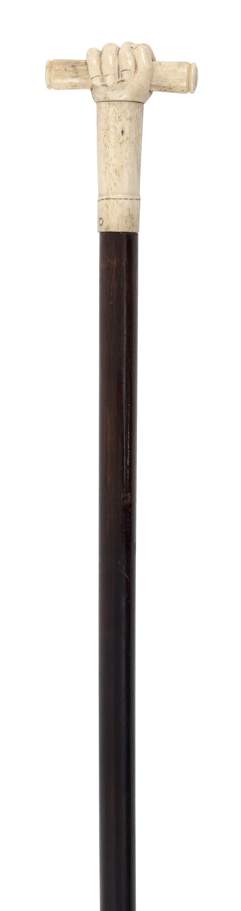 CANE WITH CARVED WHALEBONE CLENCHED FIST HANDLE 19th Century Length 37.5". (1 of 1)