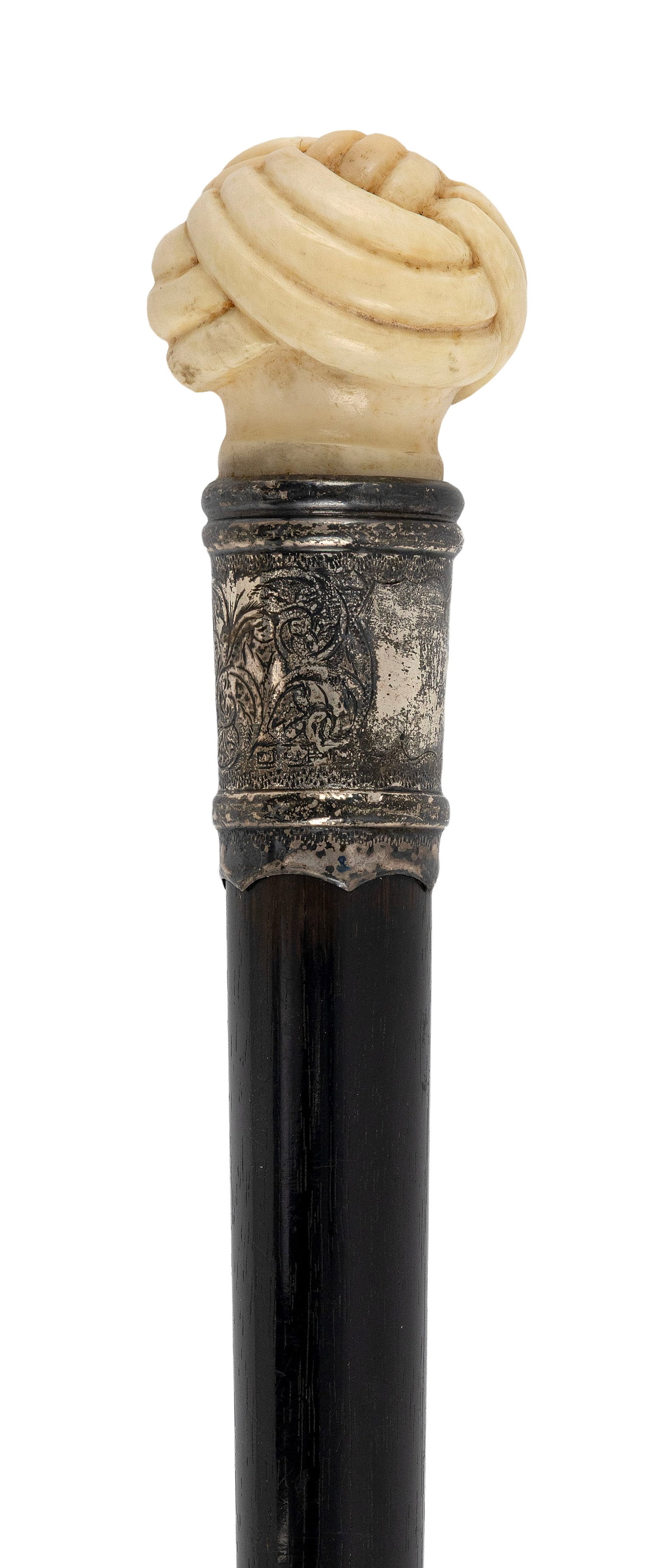 TURK'S-HEAD KNOT CANE 19th Century Length 36.5".: TURK'S-HEAD KNOT CANE 19th Century Whale ivory handle carved as a Turk's-head knot. Silver collar. Hardwood shaft with metal ferrule. Length 36.5".