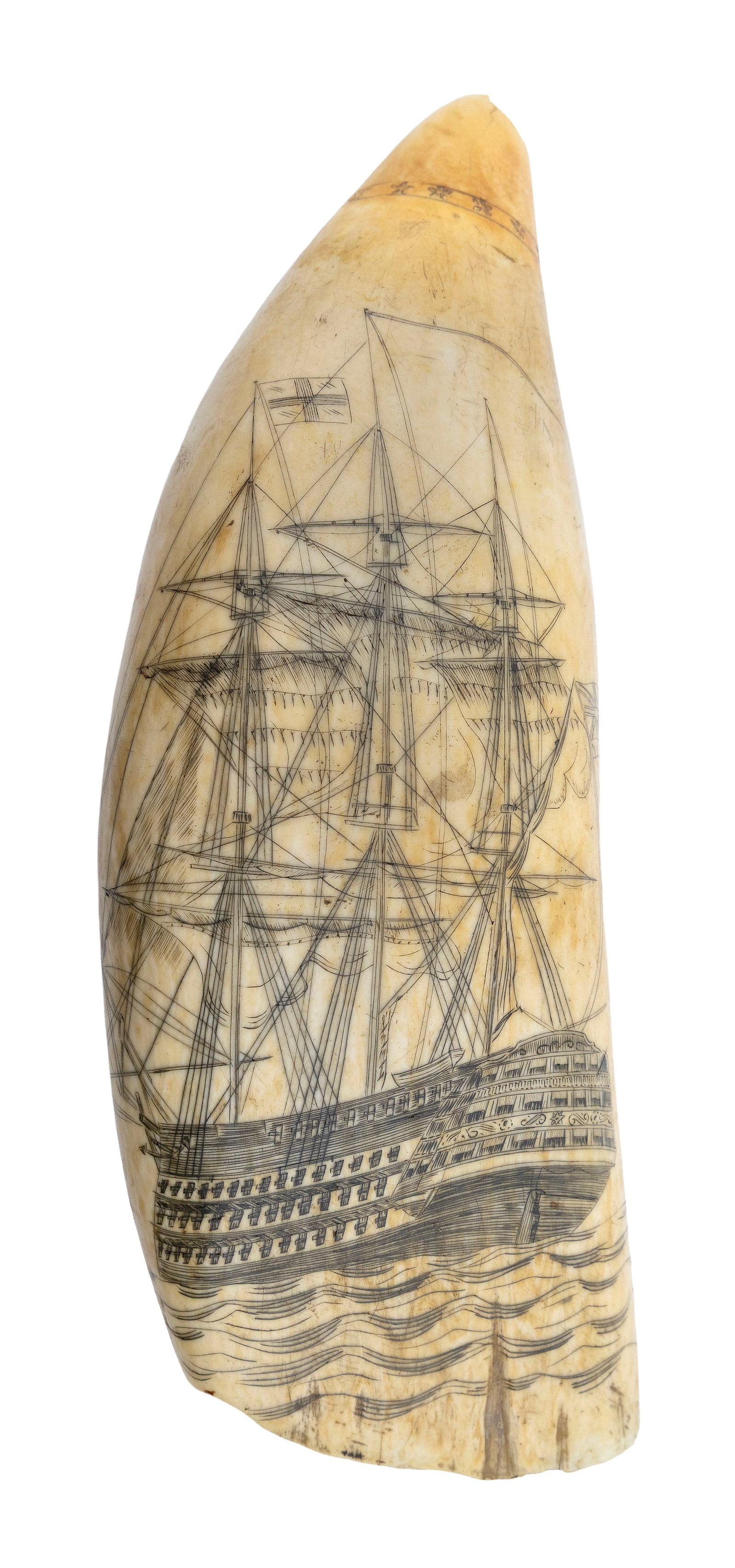 POLYCHROME SCRIMSHAW WHALE'S TOOTH DEPICTING A BRITISH FIRST-RATE SHIP AND PORTRAIT OF A LADY 19th: POLYCHROME SCRIMSHAW WHALE'S TOOTH DEPICTING A BRITISH FIRST-RATE SHIP AND PORTRAIT OF A LADY 19th Century A 120-gun ship of the line flying an English ensign off the gaff, angled away to show its thr