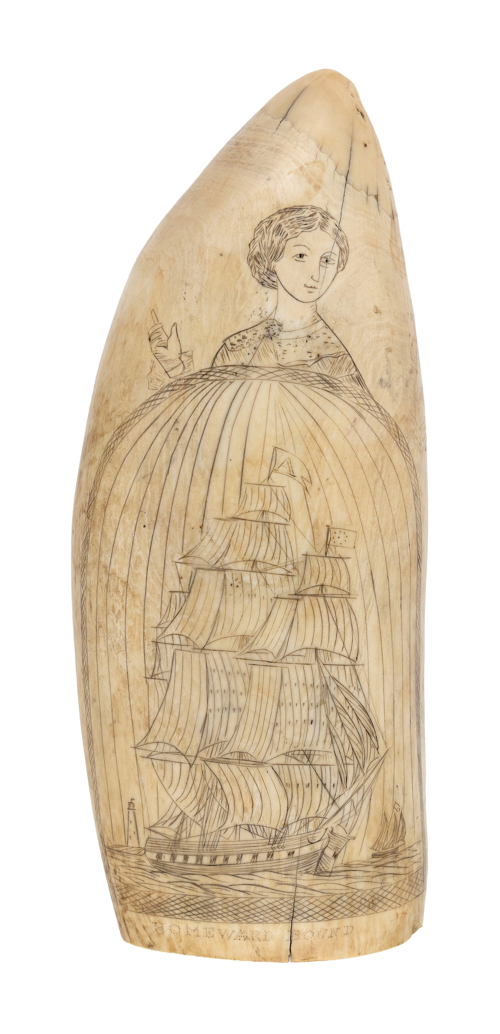 SCRIMSHAW WHALE'S TOOTH "HOMEWARD BOUND" Mid-19th Century Length 6.75".: SCRIMSHAW WHALE'S TOOTH "HOMEWARD BOUND" Mid-19th Century Depicts a seascape of a three-masted vessel under sail, cleverly framed within the skirts of a lady. Vessel is just off a coastal lighthouse a