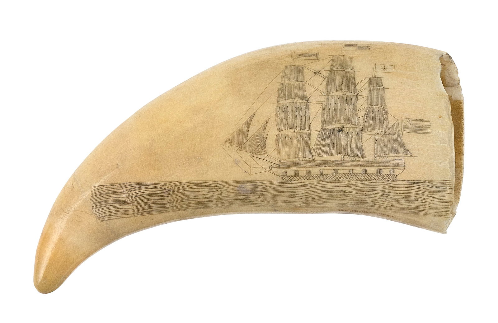 SCRIMSHAW WHALE'S TOOTH WITH SHIP PORTRAITS Mid-19th Century Length 5".: SCRIMSHAW WHALE'S TOOTH WITH SHIP PORTRAITS Mid-19th Century Both sides with American-flagged ships under sail. Nicely detailed. Length 5".
