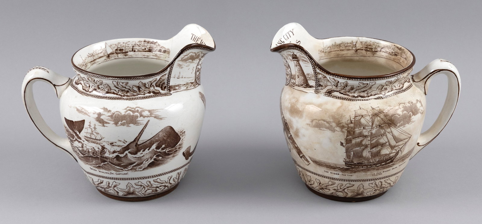 TWO BUFFALO POTTERY PITCHERS "THE WHALING CITY SOUVENIR OF NEW BEDFORD MASS" First Half of the 20th (1 of 1)