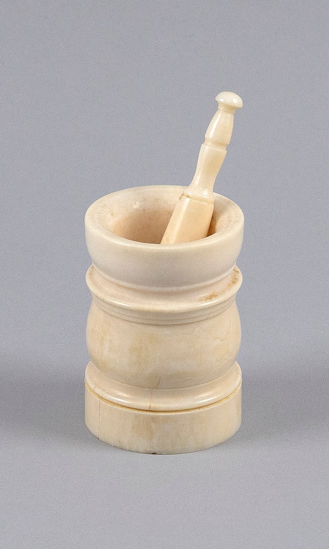 MINIATURE TURNED WHALE IVORY MORTAR AND PESTLE Late 19th Century Mortar height 2". Pestle length (1 of 1)