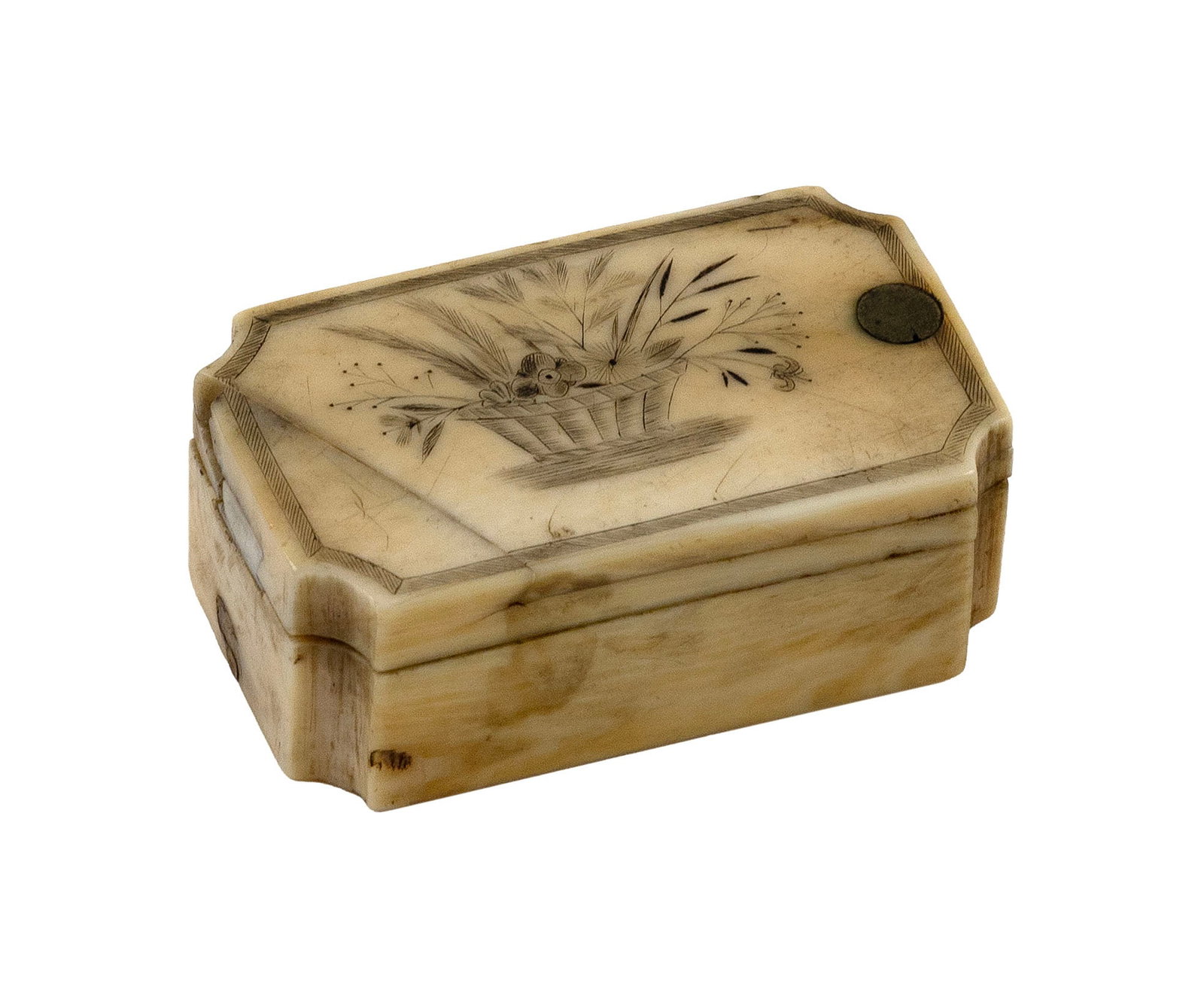 SCRIMSHAW WHALEBONE PUZZLE BOX 19th Century Height 0.875". Length 2.375". Width 1.5". (1 of 4)