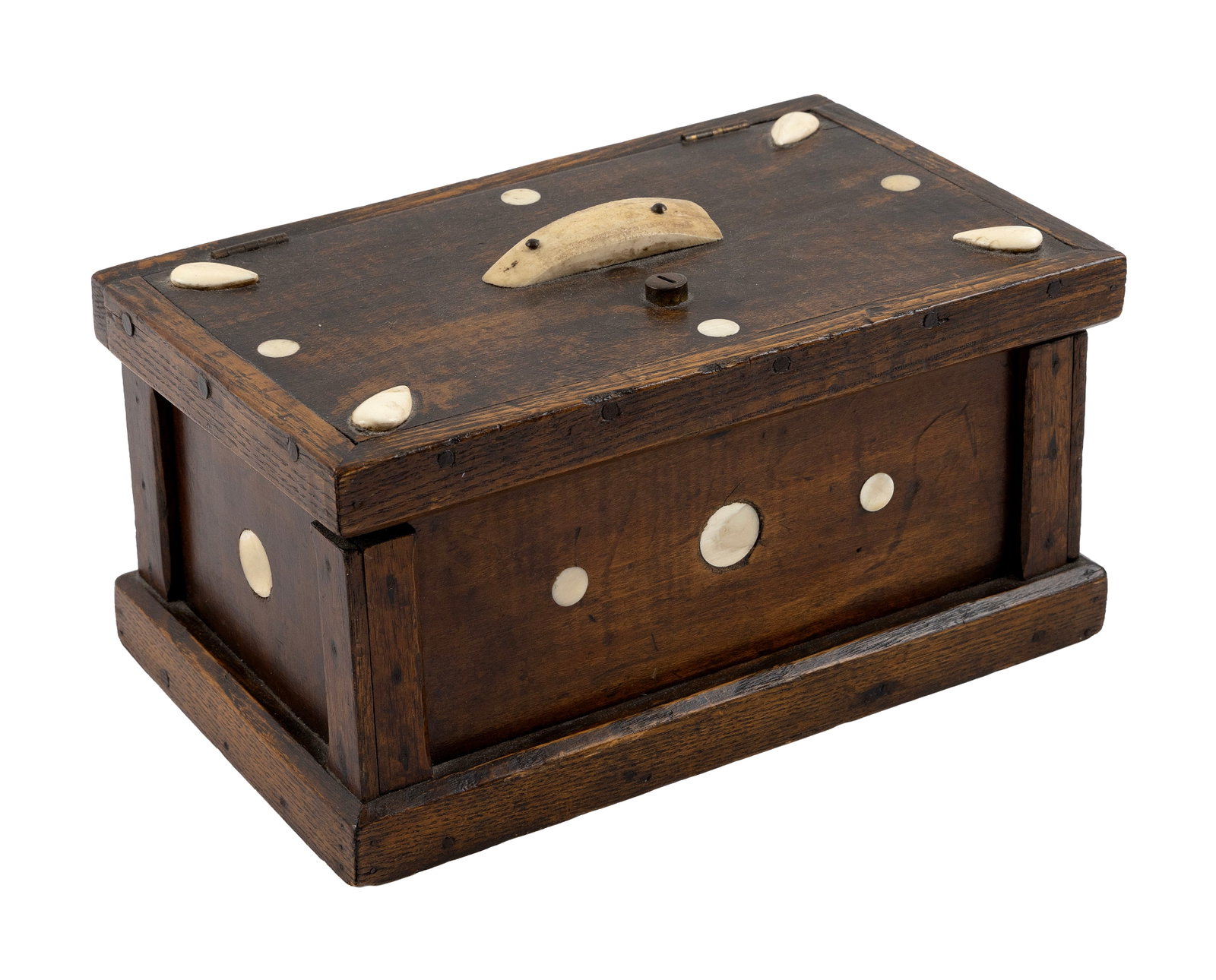 SAILOR-MADE OAK AND WHALE IVORY BOX 19th Century Height 5.5". Width 11". Depth 7".: SAILOR-MADE OAK AND WHALE IVORY BOX 19th Century Lid with a section of a whale's tooth at center and inlaid whale ivory disks and applied whalebone or whale ivory teardrops around the perimeter. Front