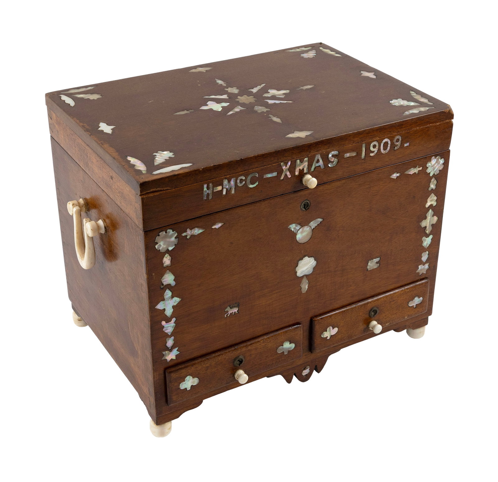 ABALONE INLAID MAHOGANY BOX WITH CHRISTMAS THEME Circa 1909 Height 10.75". Width 13.25". Depth (1 of 1)