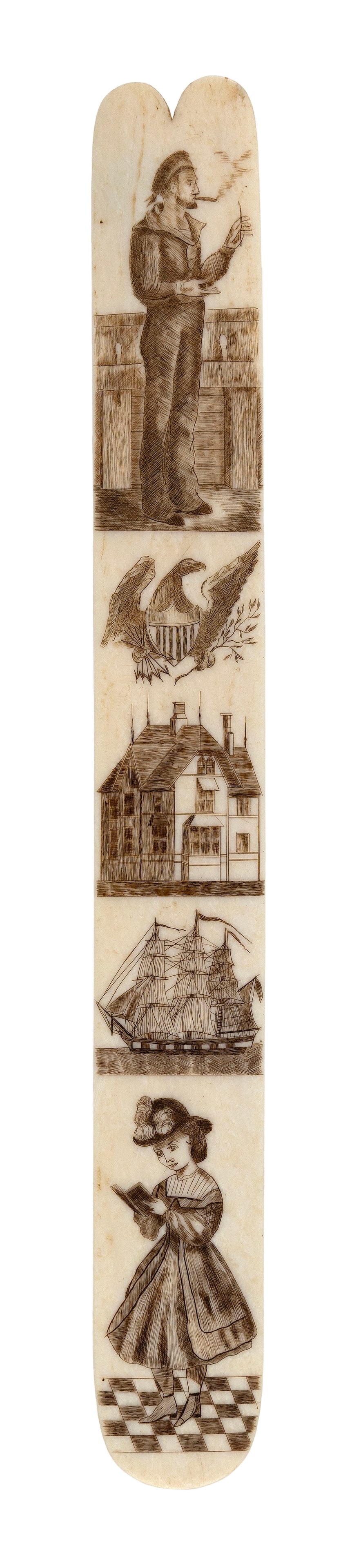 SCRIMSHAW WHALEBONE BUSK 19th Century Length 14".: SCRIMSHAW WHALEBONE BUSK 19th Century Depicts five finely engraved vignettes: a sailor on deck; an eagle with a Liberty shield, arrows and olive branches; a large estate; an American-flagged three-mas