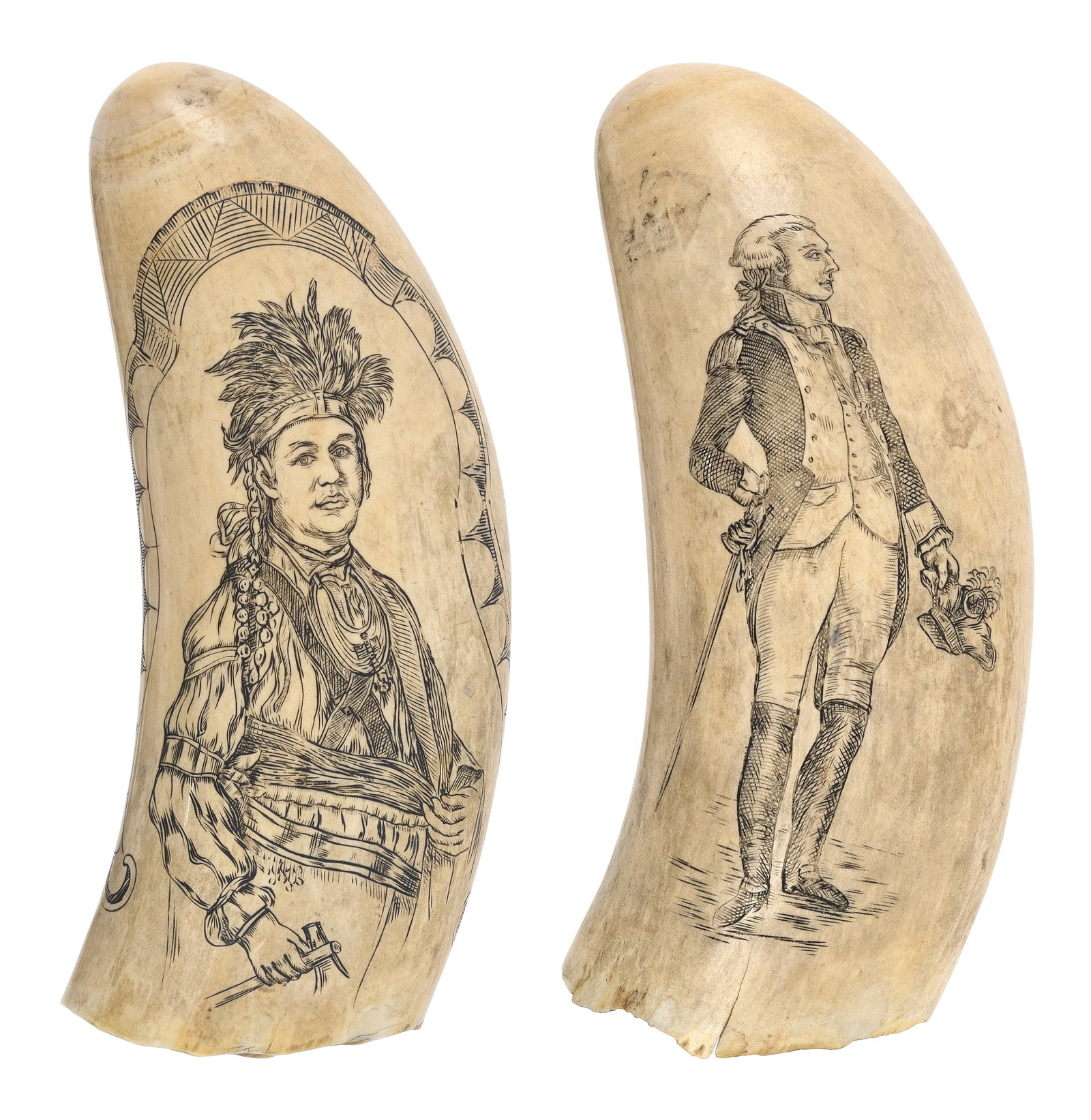 TWO SCRIMSHAW WHALE'S TEETH WITH FIGURAL PORTRAITS Late 19th Century Lengths approx. 6.5". (1 of 3)