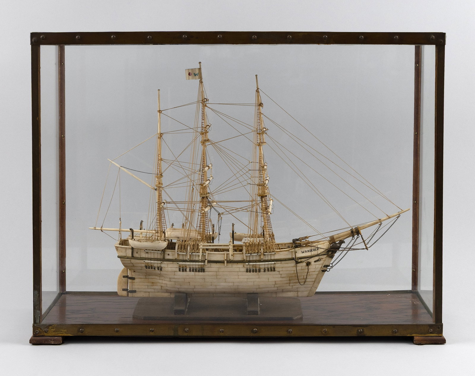 CASED BONE MODEL OF THE WHALESHIP "WANDERER" Late 19th Century Case height 16.5". Length 22.5". (1 of 3)