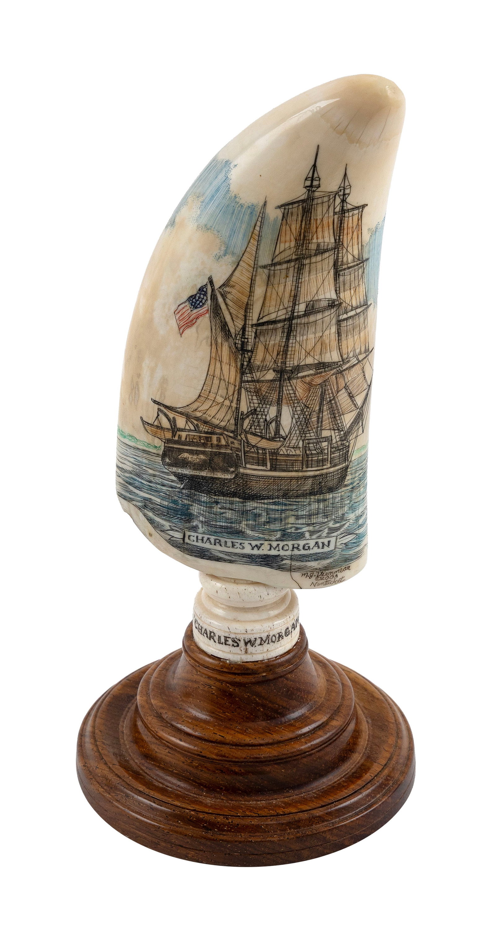 * MICHAEL VIENNEAU POLYCHROME ENGRAVED WHALE'S TOOTH DEPICTING THE WHALESHIP "CHARLES W. MORGAN" (1 of 2)
