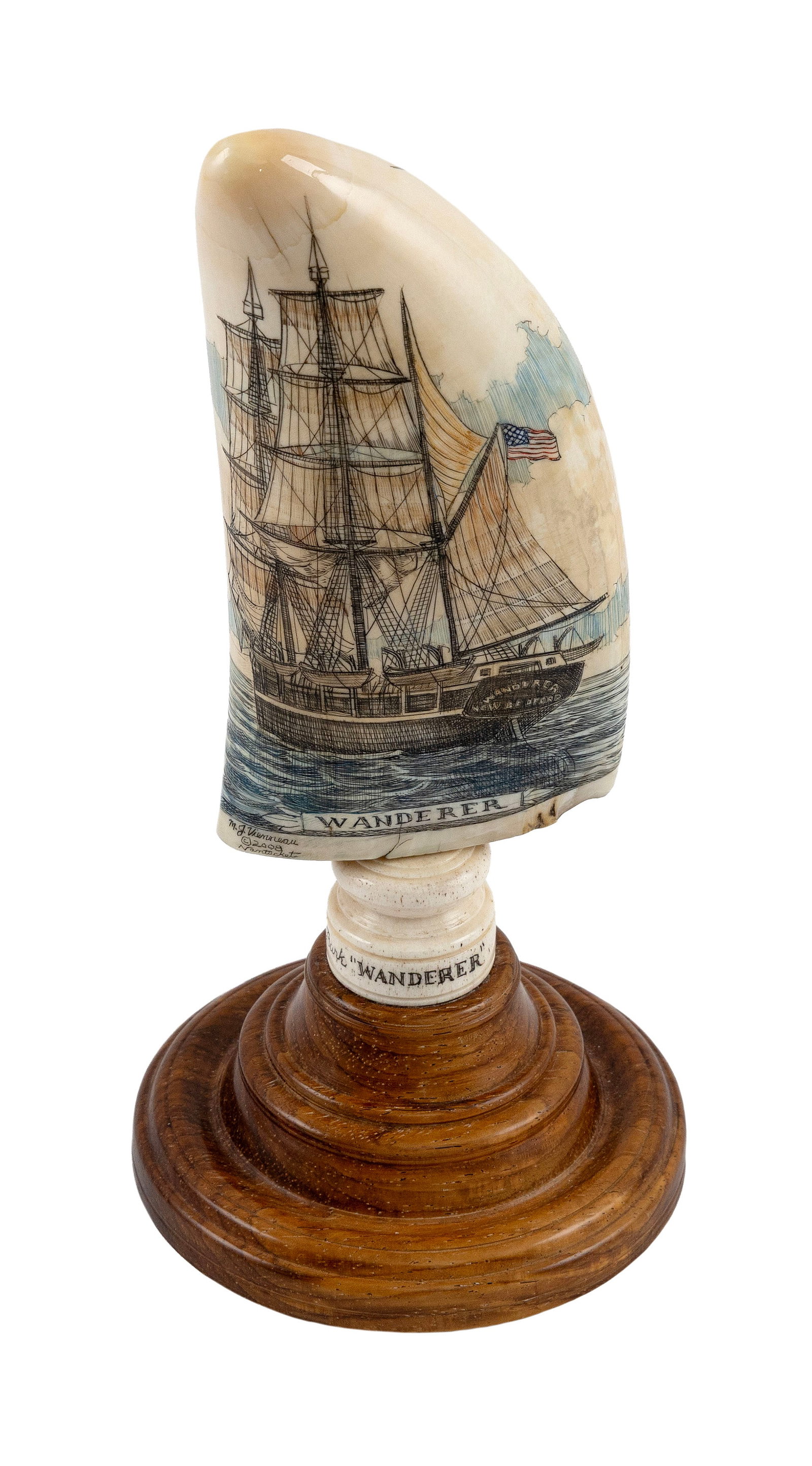 * MICHAEL VIENNEAU POLYCHROME ENGRAVED WHALE'S TOOTH Nantucket, Massachusetts, Contemporary Length: * MICHAEL VIENNEAU POLYCHROME ENGRAVED WHALE'S TOOTH Nantucket, Massachusetts, Contemporary Obverse with a stern quarter view of the whaleship Wanderer, showing whaleboats on davits and an American fl